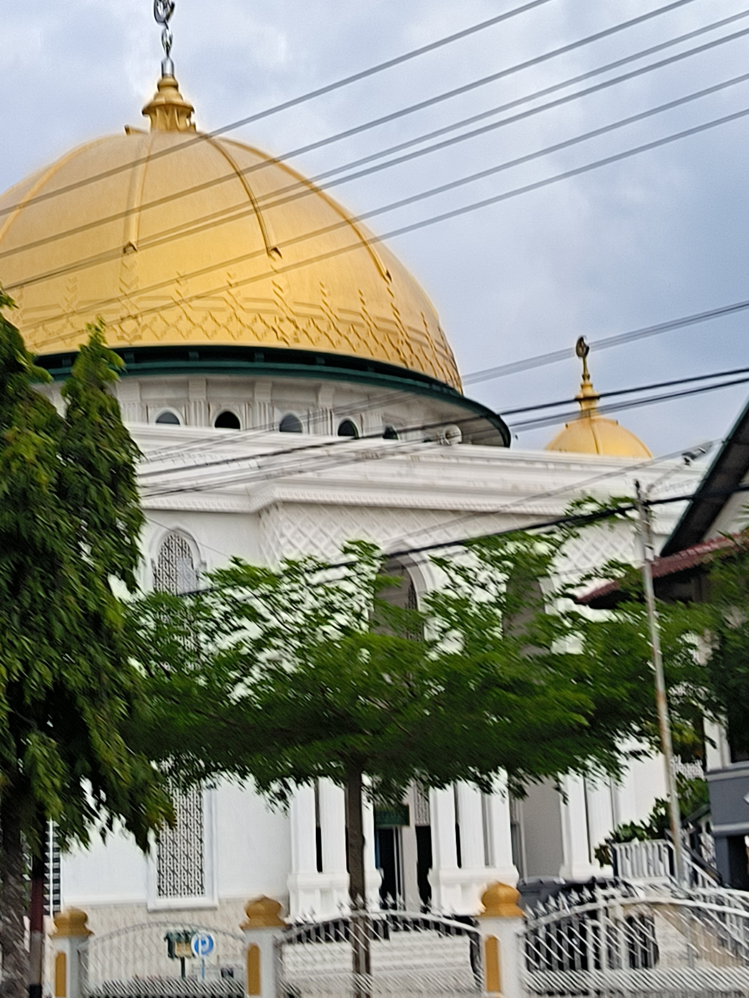 The image shows a mosque in Langsa, Indonesia. The mosque features a large golden dome and a smaller golden dome. The building is white with a white fence and gold-topped posts. Trees partly obscure the view of the mosque. Overhead power lines are also visible. The sky is overcast.