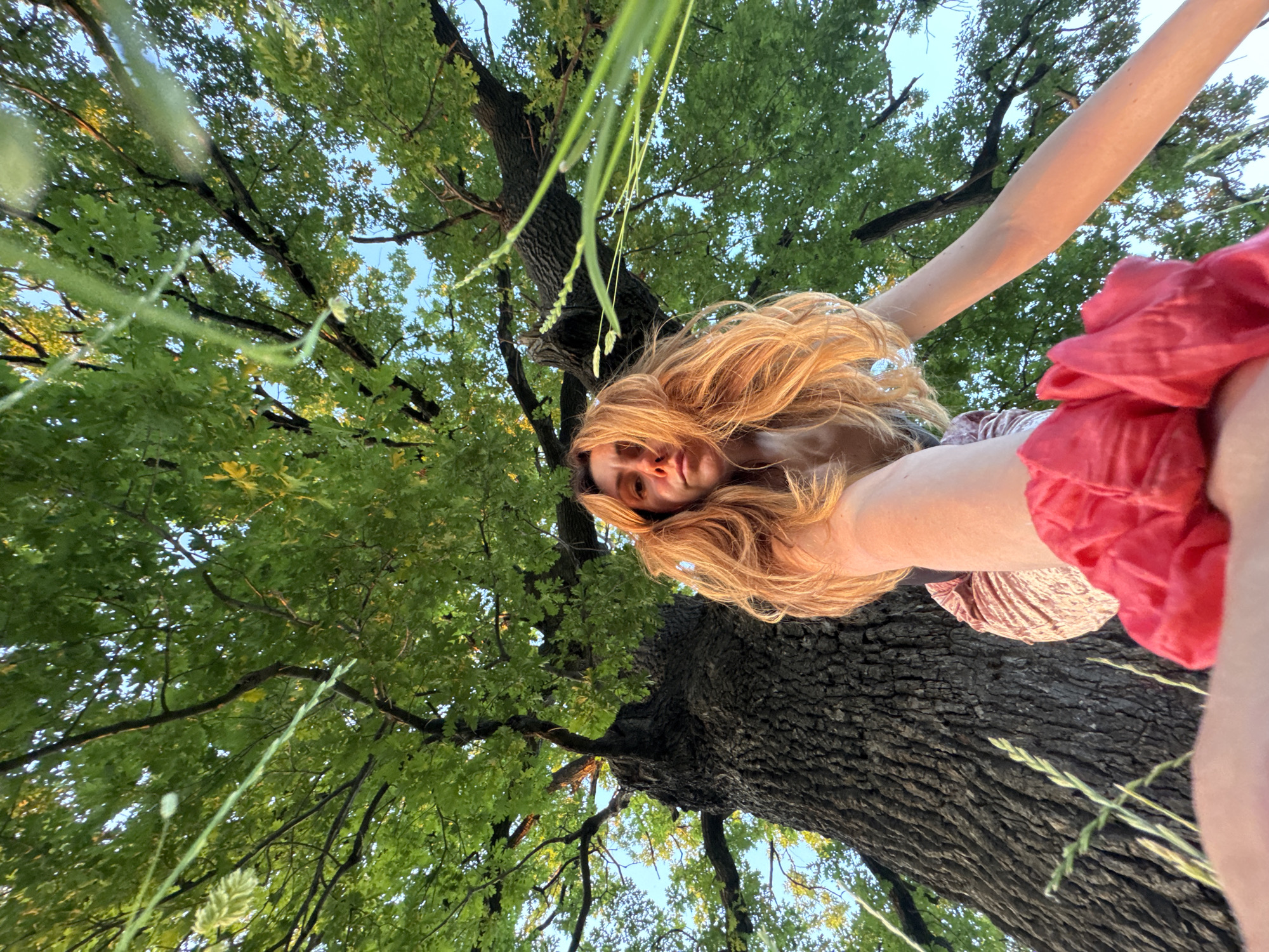 A low-angle shot looks up at a person with long, wavy blonde hair sitting at the base of a large, mature tree. The person is wearing a pink patterned skirt and a bright red scrunchie around their wrist. Blades of grass and green foliage are in the foreground, obscuring parts of the image and suggesting an outdoor, natural setting. The tree's rough bark is prominent, and its branches spread wide, covered in lush green leaves. The sky is visible through the leaves, appearing blue with hints of sunlight. The image seems to be taken in Sofia, Bulgaria, during the daytime.