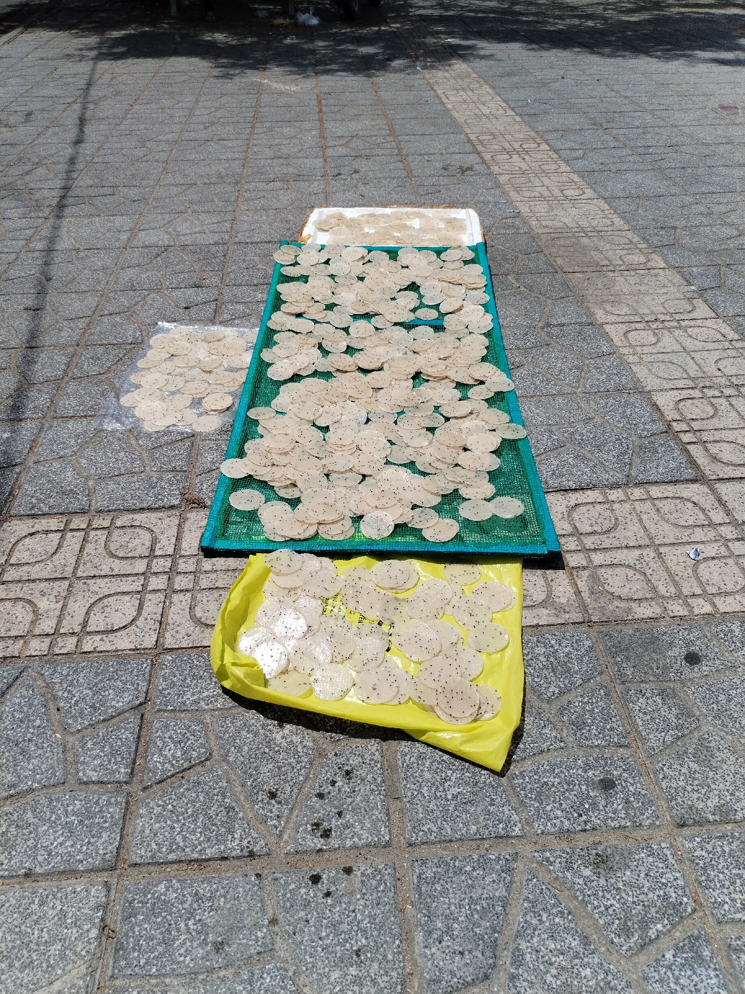 In Bac Nha Trang Ward, Vietnam, three trays of circular, white crackers are arranged on a paved outdoor surface. The crackers, sprinkled with small black specks, are thin and appear to be drying in the sun. The largest tray, a green mesh surface, is covered with a dense layer of crackers. Below this is a yellow plastic sheet also holding a scattering of crackers. To the left of the green tray, a plastic bag contains more crackers. The ground is paved with grey granite tiles, and shadows from overhead foliage are visible.