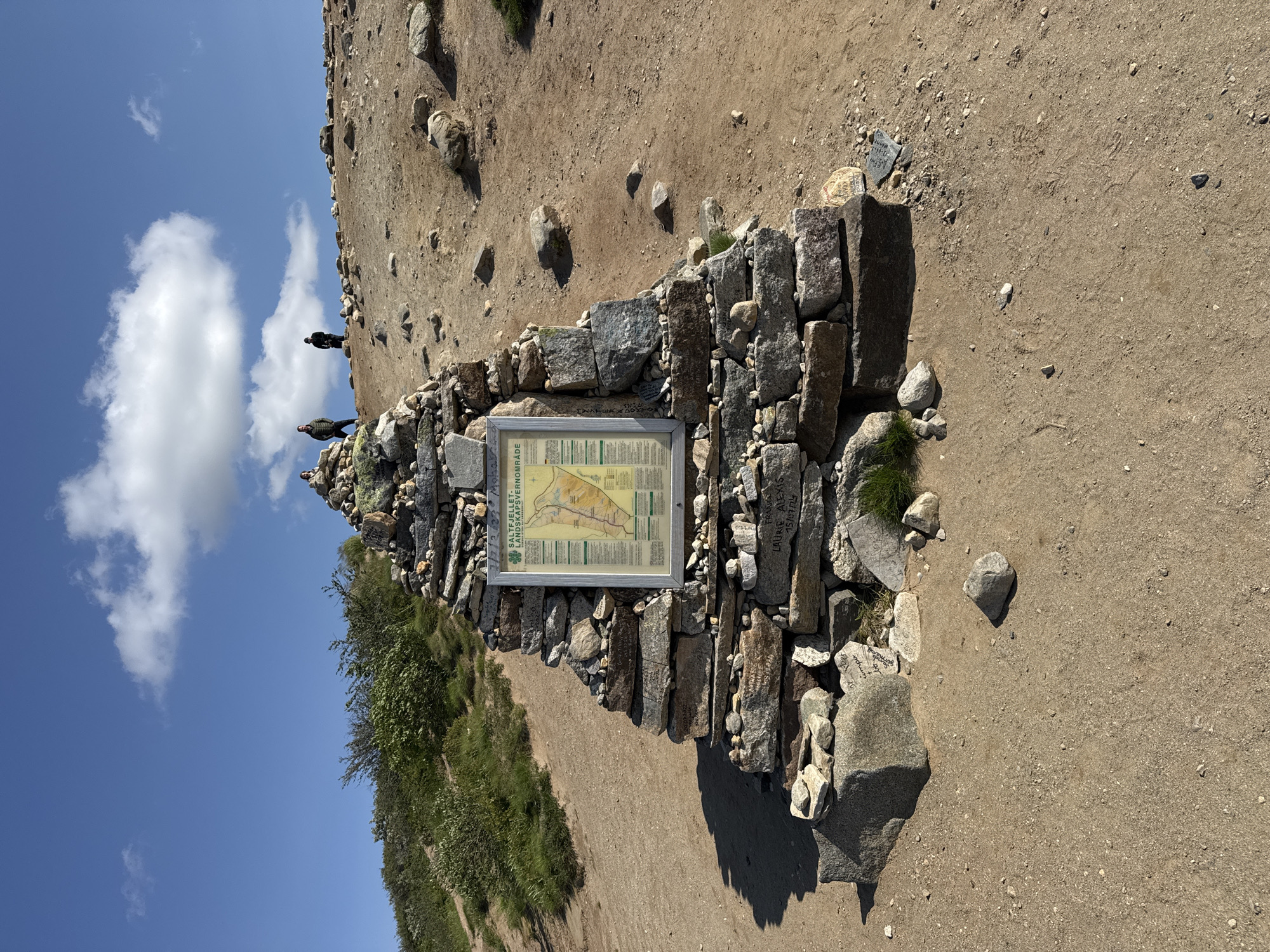 A cairn constructed from irregular stones is prominently displayed in the foreground. A map is mounted on the cairn, and the text on the map is legible. The landscape surrounding the cairn is barren and rocky, with sparse vegetation and a sandy, dry ground. In the background, a few people are visible on a hill under a bright blue sky with scattered clouds. The scene appears to be a mountainous or hilly terrain. The location is Storforshei, Norway.