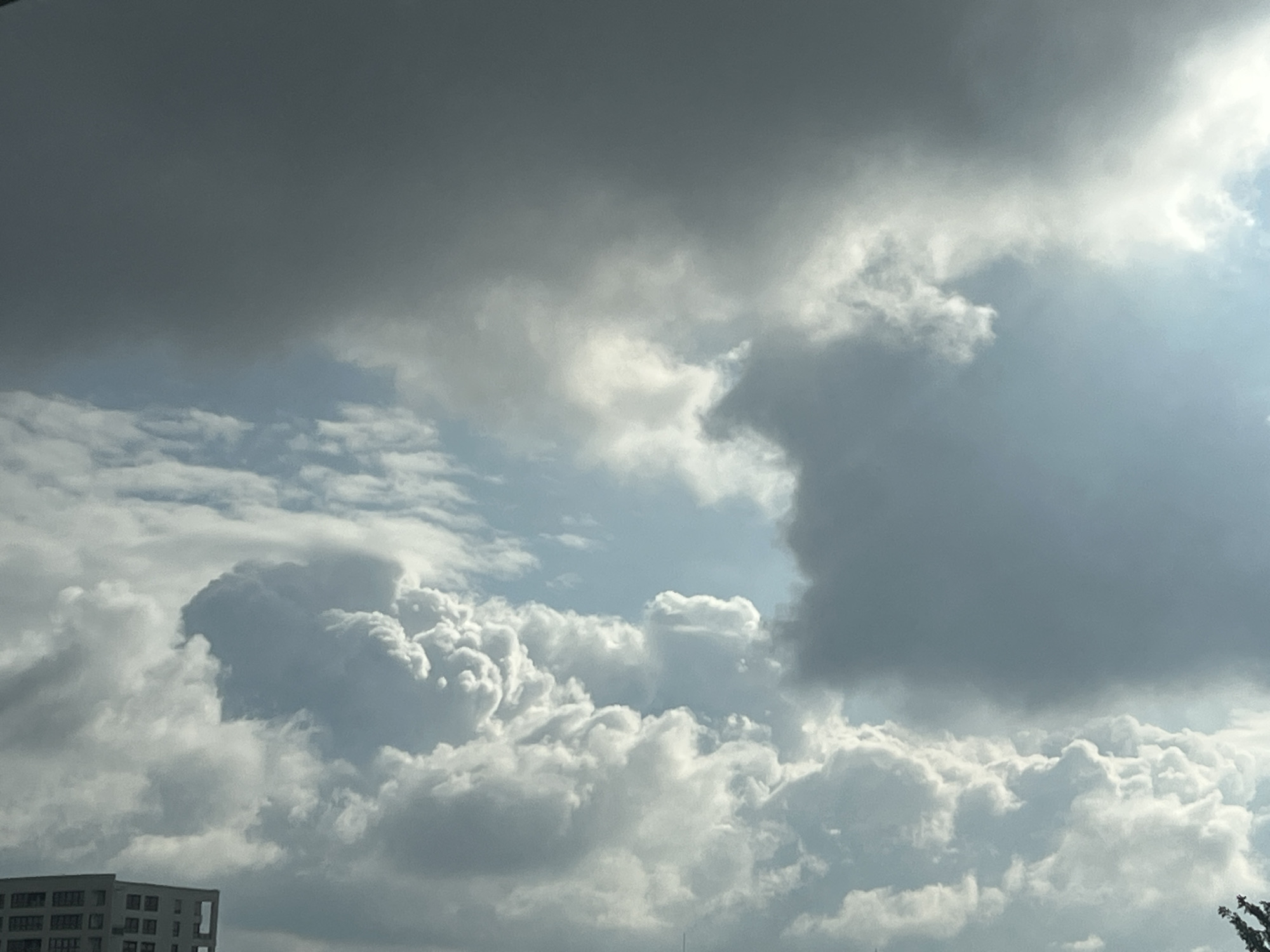 The image shows a sky filled with a dramatic mix of dark and light clouds, suggesting an impending storm or a recent weather event. The lower left corner of the image features the top portion of a modern, multi-story building with a facade of windows, indicative of urban architecture. A sliver of tree foliage is visible in the lower right corner. The lighting suggests it is daytime, with sunlight breaking through the clouds in some areas, creating bright highlights. The scene appears to be taken from a relatively low vantage point, looking upwards at the sky. The absence of people and specific landmarks makes it difficult to pinpoint an exact location within Warsaw, Poland, but the presence of the building implies an urban setting.