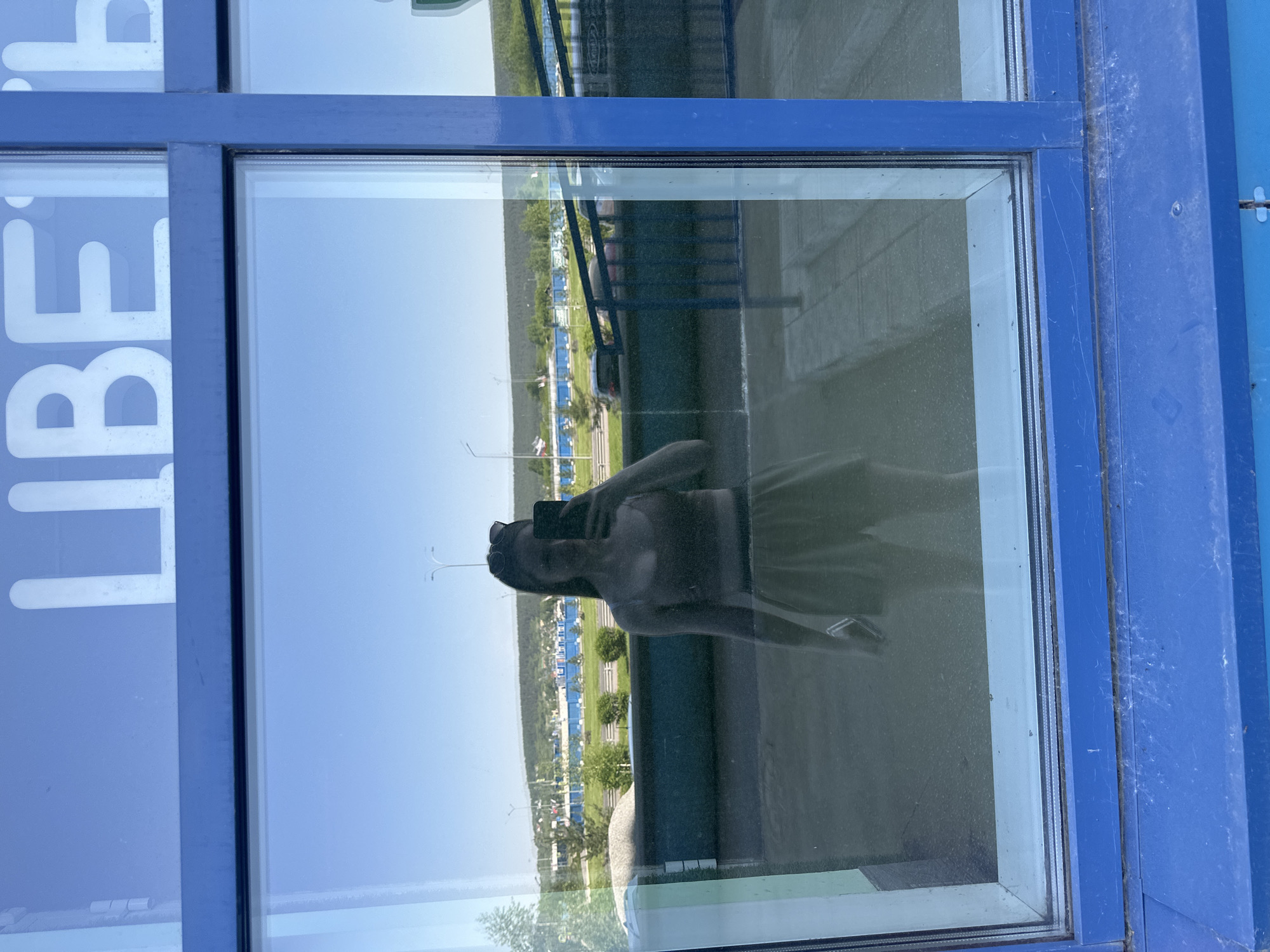 A landscape-oriented photograph captures the reflection of a person taking a selfie in a large window, framed by bold blue window sashes and an adjacent blue wall. The reflected person, silhouetted in dark tones, holds a smartphone up to their face to capture the image and wears sunglasses on their head.
Through the clear glass of the window, a bright outdoor scene is visible under a clear, light blue sky. The landscape features rolling green terrain with scattered trees and what appear to be distant blue and white structures, possibly part of an industrial complex, sports facility, or public area. A paved surface or road is also visible in the background, further back from the window.
To the left side of the reflection, on the blue wall or structure, large white letters are partially visible, spelling out "LIBE", suggesting a word like "LIBERTY" or a similar branding. The blue window frames themselves show signs of light wear and dust. The overall lighting suggests the photograph was taken during bright daylight hours.