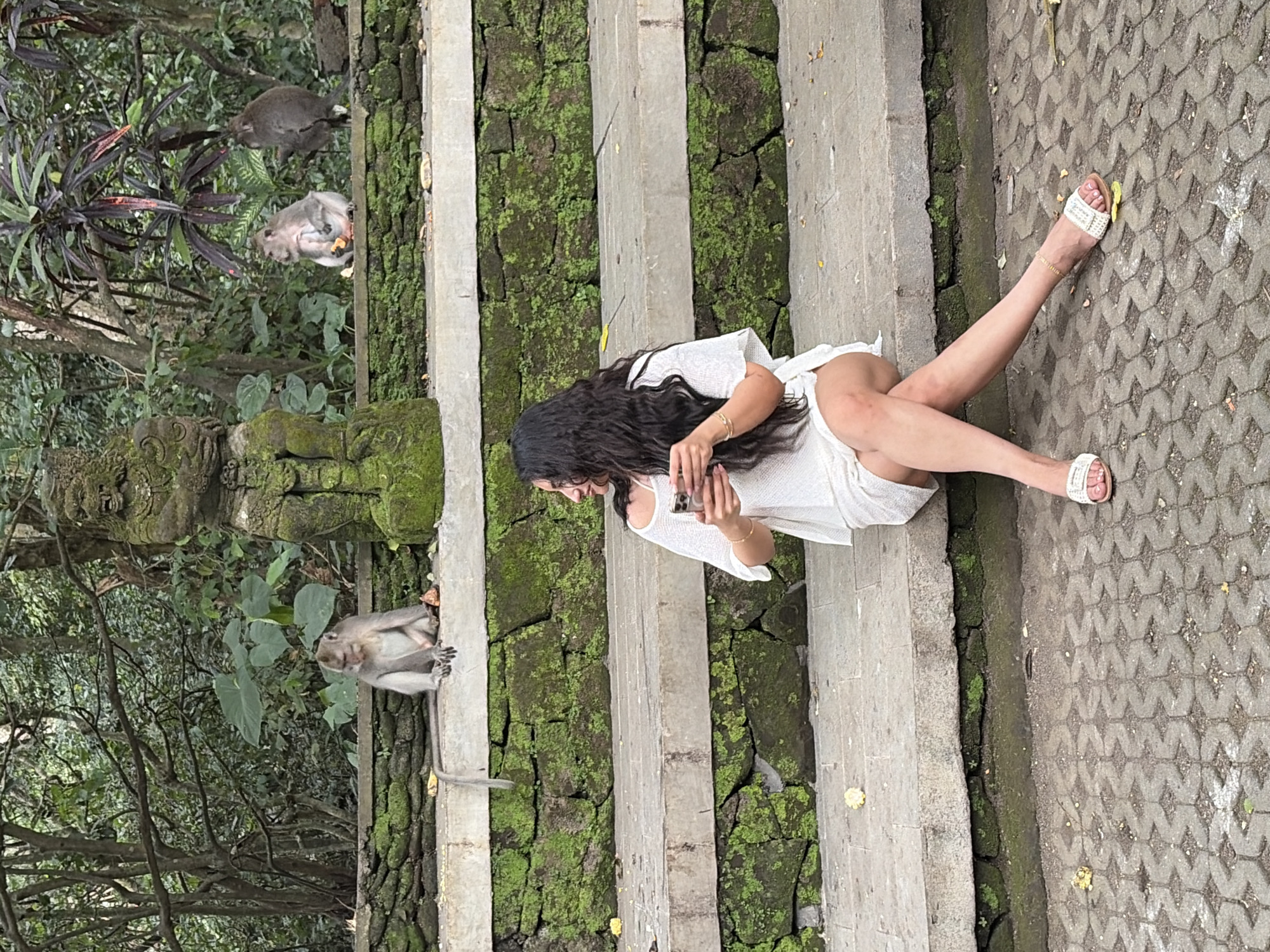 A woman wearing a white off-the-shoulder top and skirt sits on stone steps in front of a moss-covered wall. She holds a phone in her left hand and is looking to her right. Several monkeys are visible on the wall and the steps behind her. One monkey sits to her left, another to the far left, and two more are on the wall further back. To the left of the monkeys is a weathered stone carving. The ground in front of the steps is paved with interlocking bricks. The scene appears to be set in a jungle environment with trees and foliage in the background. This location is likely the Ubud Monkey Forest in Ubud District, Indonesia.