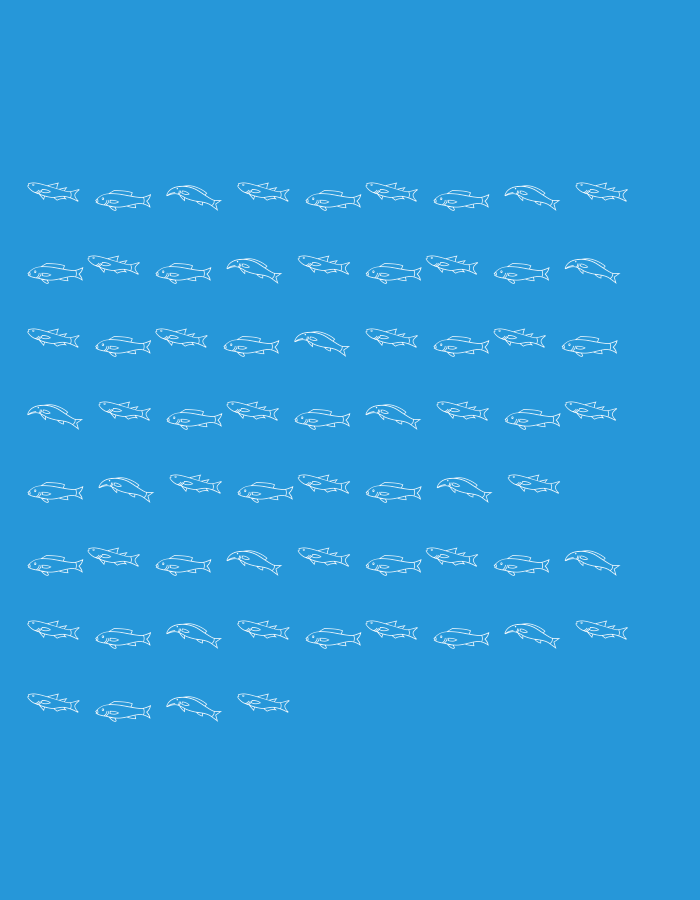 The image displays a grid of small, white, stylized fish outlines on a bright blue background. The fish are arranged in rows and columns, with each fish facing to the right and exhibiting a similar basic shape with fins and a tail. The overall impression is one of a repeated pattern. There are no people, specific objects, or environmental details that would indicate a location in Lyubimets, Bulgaria, or any other city. The scene is abstract and lacks any contextual information.