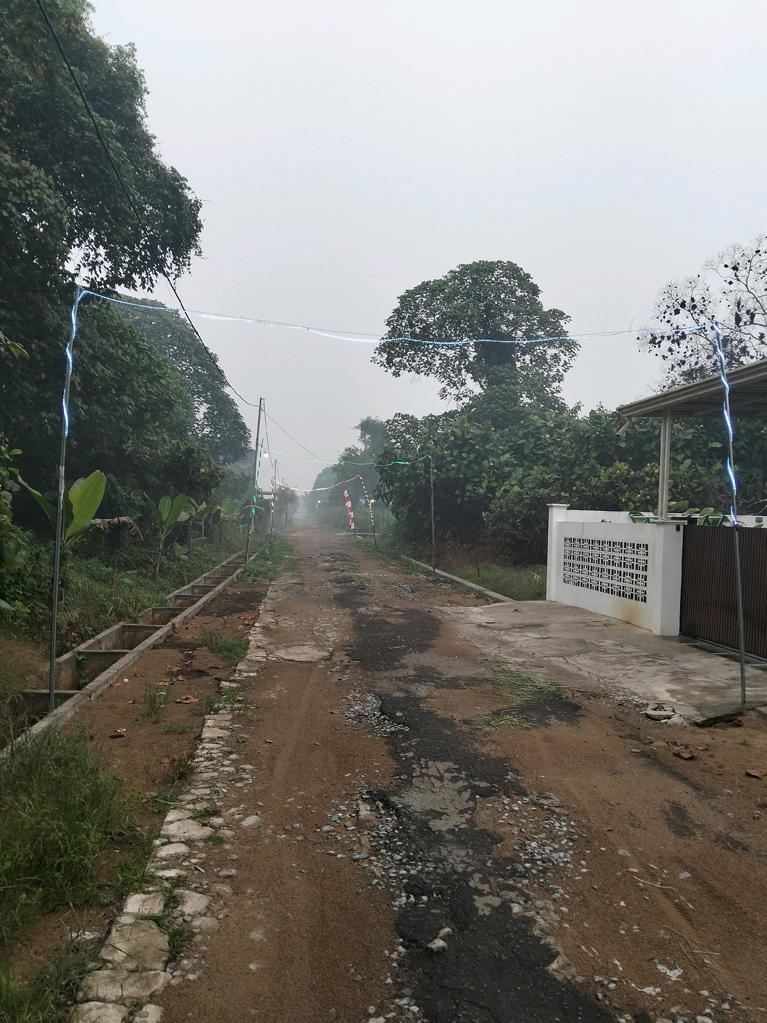 The image depicts an outdoor scene along a dirt and gravel road in Arang Limbung, Indonesia. The road is uneven and appears to be under repair or in disrepair, with patches of asphalt, gravel, and exposed soil. On the left side of the road, a concrete drainage channel runs alongside a grassy area with some vegetation, including banana plants. Further down the road, on the right side, there is a white decorative fence and a building with a covered awning.
The environment is overcast and hazy, suggesting either early morning, late evening, or foggy conditions. Several strings of lights are strung across the road, supported by poles, and some of these lights are blue and white, possibly decorative or for illumination. Trees line the sides of the road, with dense foliage contributing to the somewhat obscured view of the background. In the distance, the road curves and disappears into the haze. There are no people visible in the image. The overall impression is one of a rural or semi-rural road, perhaps decorated for an event.