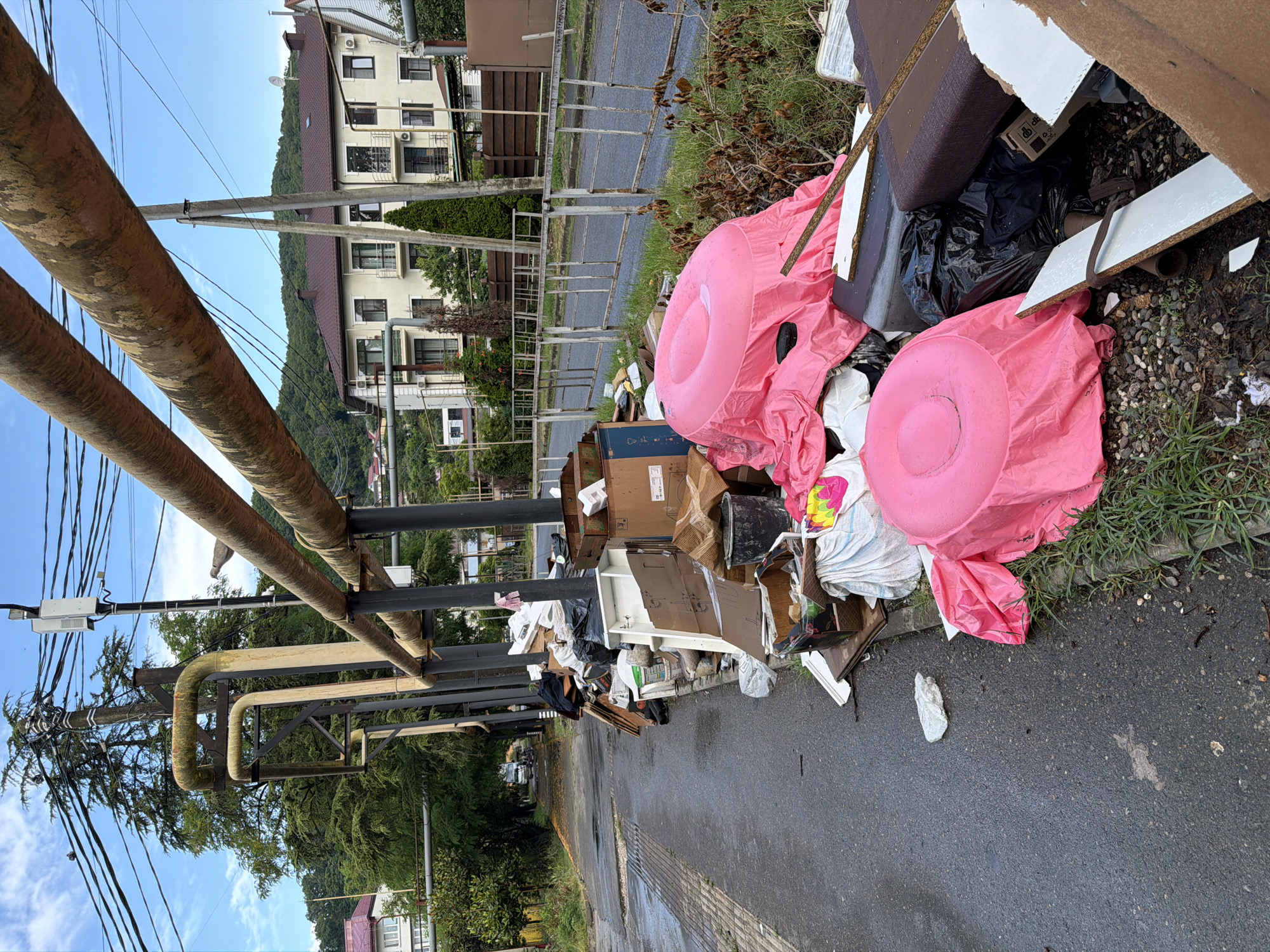 In Veseloye, Russia, a pile of garbage is shown next to a street. The garbage includes pink inflatable rings, black garbage bags, cardboard boxes, and other debris. A large pipe runs overhead, supported by metal poles. In the background, there are buildings and trees. The street appears wet, possibly from rain.