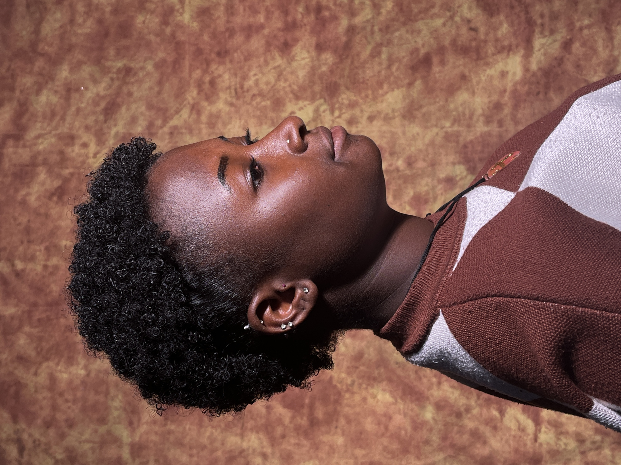 In a studio portrait, a young Black woman is pictured in profile against a textured, mottled brown backdrop. She has short, tightly curled dark hair, and her skin is a deep, rich tone. Her left ear, visible in the frame, is adorned with multiple piercings, including a barbell-style earring and several smaller studs. A tiny, sparkly stud is visible in her left nostril. She is wearing a sweater with a diamond-patterned design in brown and white. A dark string necklace with a translucent, orange pendant hangs around her neck. The lighting highlights the contours of her face, creating a dramatic effect. This scene is not set in a specific location in Barakin Akawo, Nigeria, but rather in a controlled studio environment.