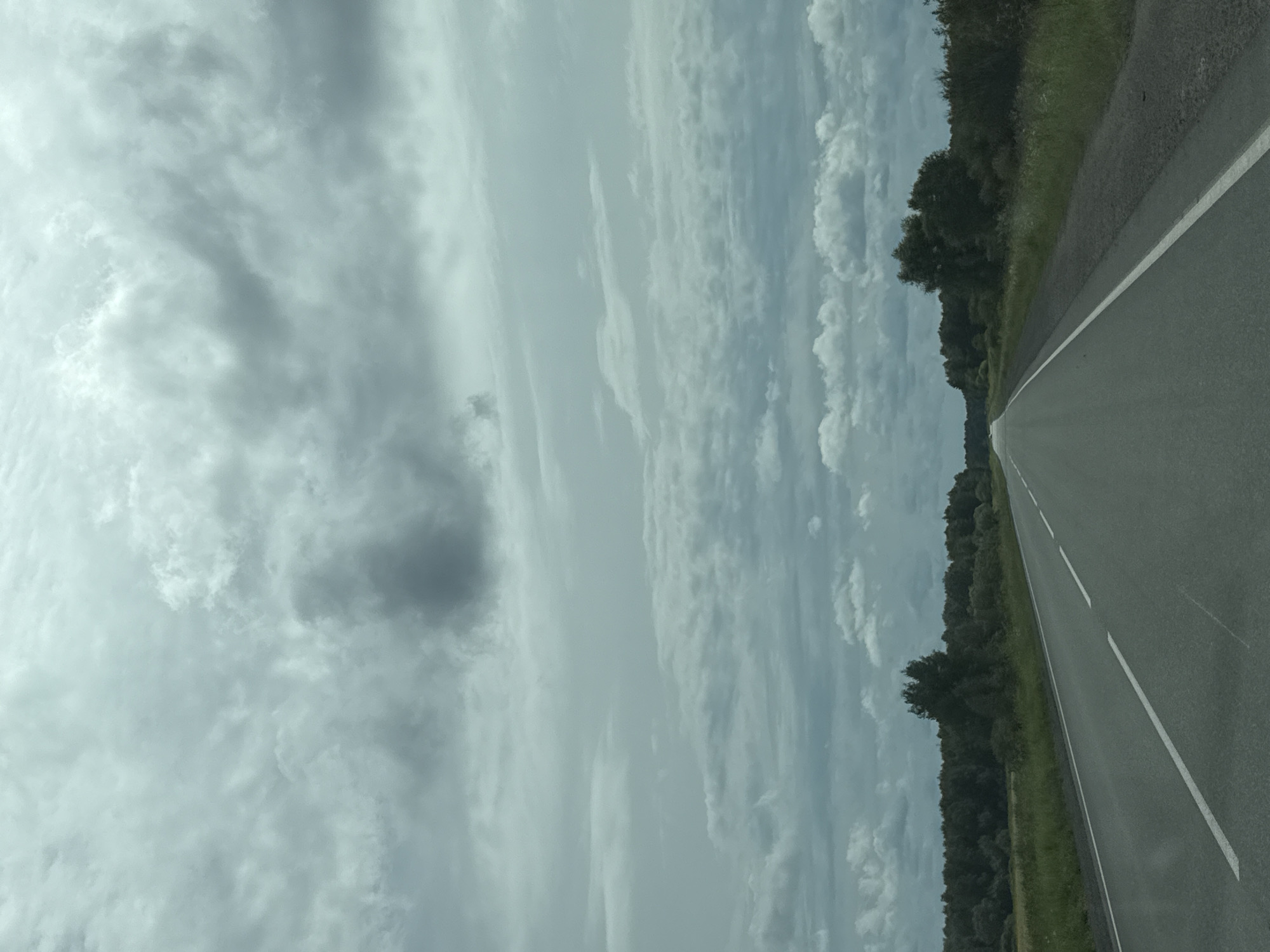 The image captures a perspective from a vehicle traveling on a paved road, heading towards the horizon. The road is bordered by green vegetation and a dense line of trees that stretches across the landscape. The sky is overcast with numerous clouds, casting a diffused light over the scene. The environment appears to be rural, with no buildings or signs of urban development visible. The specific location in Nazarovo, Russia, is not discernible from the visual information presented. There are no people or discernible actions depicted in the image. The focus is on the road, the natural landscape, and the cloudy sky.