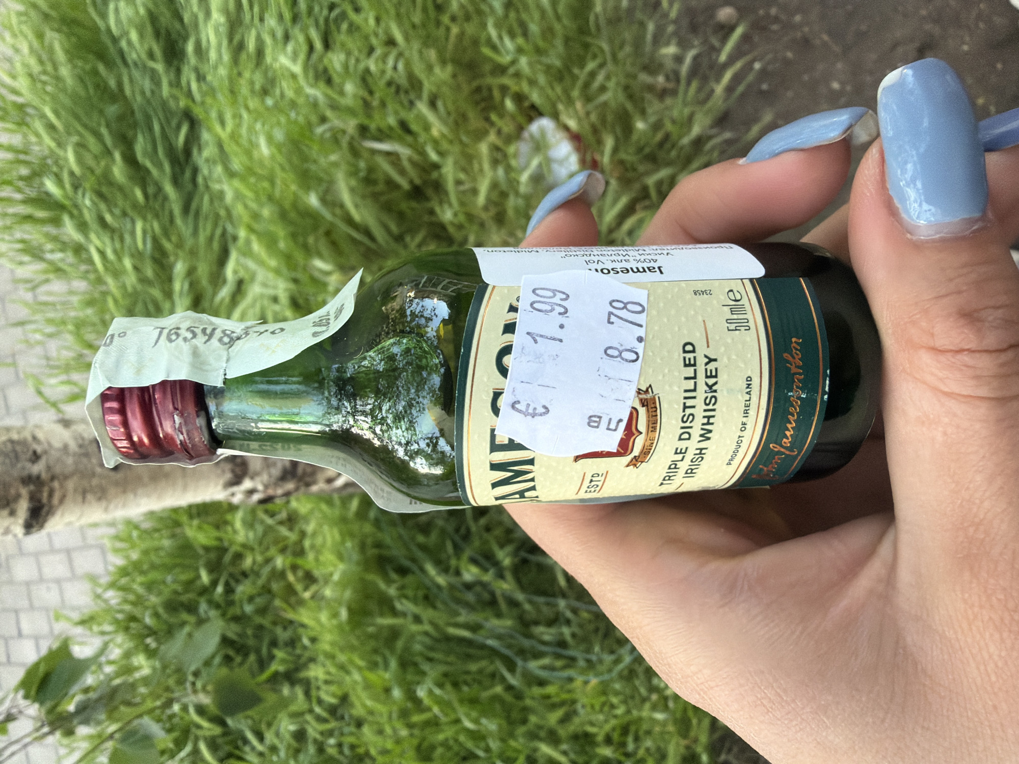 A miniature bottle of Jameson Irish Whiskey is held in a person's hand against a backdrop of green vegetation. The bottle is green glass with a red cap and has several price tags attached, one showing €1.99 and another with €8.78. The label indicates "TRIPLE DISTILLED IRISH WHISKEY" and "PRODUCT OF IRELAND." The person's nails are painted with a light blue color. The location is unidentified.