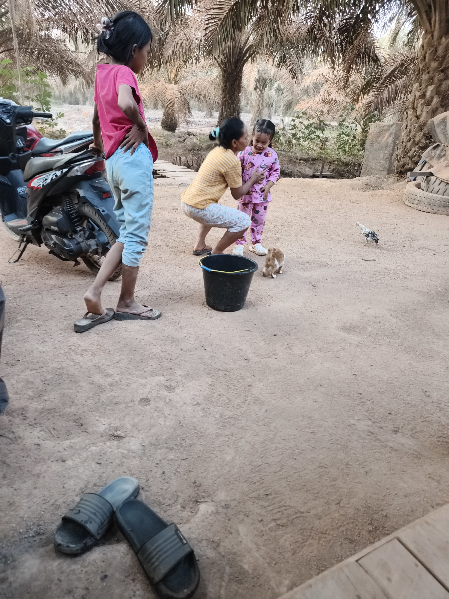 In an outdoor, sandy environment surrounded by palm trees, a girl in a pink shirt and light blue pants stands near a motorcycle. To her right, a woman in a yellow and white striped shirt is crouching down, interacting with a toddler wearing a pink pajama set. Nearby, a small brown and white rabbit is visible, and a chicken stands a short distance away. A black bucket is placed on the ground. In the foreground, a pair of dark gray sandals are lying on the sand. The overall scene depicts a casual outdoor gathering, possibly in a rural or semi-rural setting.