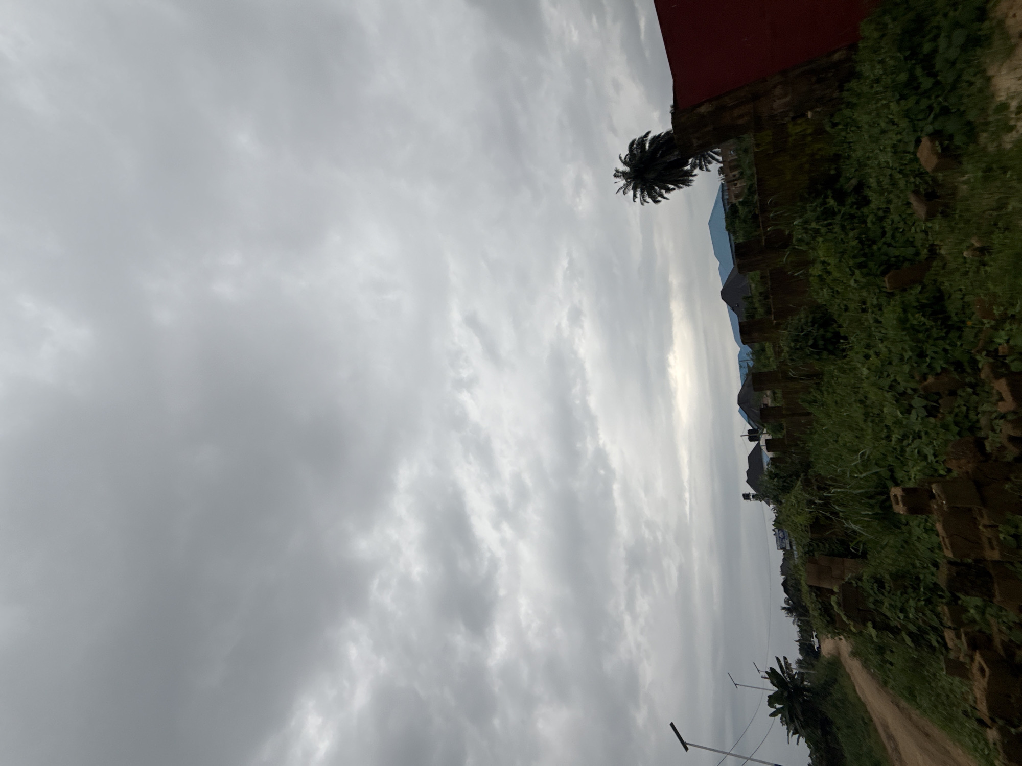 The image depicts a cloudy, overcast sky above a rural or semi-rural landscape. The foreground is dominated by overgrown green vegetation and what appear to be scattered bricks or building materials. A dirt road curves into the distance from the left side of the frame, flanked by more greenery and what looks like a banana tree. In the middle ground, several structures are visible, including houses with blue roofs and other buildings that suggest a small settlement or developing area. Tall streetlights are also present along the road. A palm tree is prominently featured in the right side of the image, behind some wooden posts and next to a red-colored structure. In the far distance, mountains or hills are faintly visible under the thick clouds. The scene suggests an outdoor environment in Uyo, Nigeria, likely on a day with poor weather conditions. There are no people or animals clearly visible in the image.