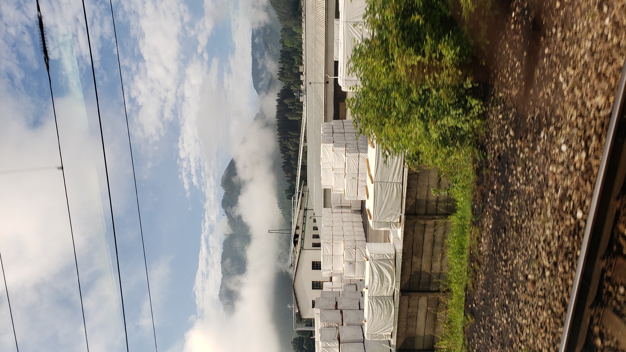 The image depicts an industrial area with stacks of white-wrapped lumber or building materials in the foreground, arranged in neat rows. Behind the lumber, a white industrial building with a grey roof is visible. Further in the background, rolling green hills covered in dense forest rise, with clouds partially obscuring their peaks. The sky above is a mix of blue and white clouds, with three dark horizontal lines, likely power lines or wires, running across the upper portion of the frame. The ground in the immediate foreground consists of gravel and what appears to be a railway track. The scene suggests a lumber yard or processing facility situated in a mountainous or hilly region, consistent with the geography of Liptovský Hrádok, Slovakia. No people are visible in the image.