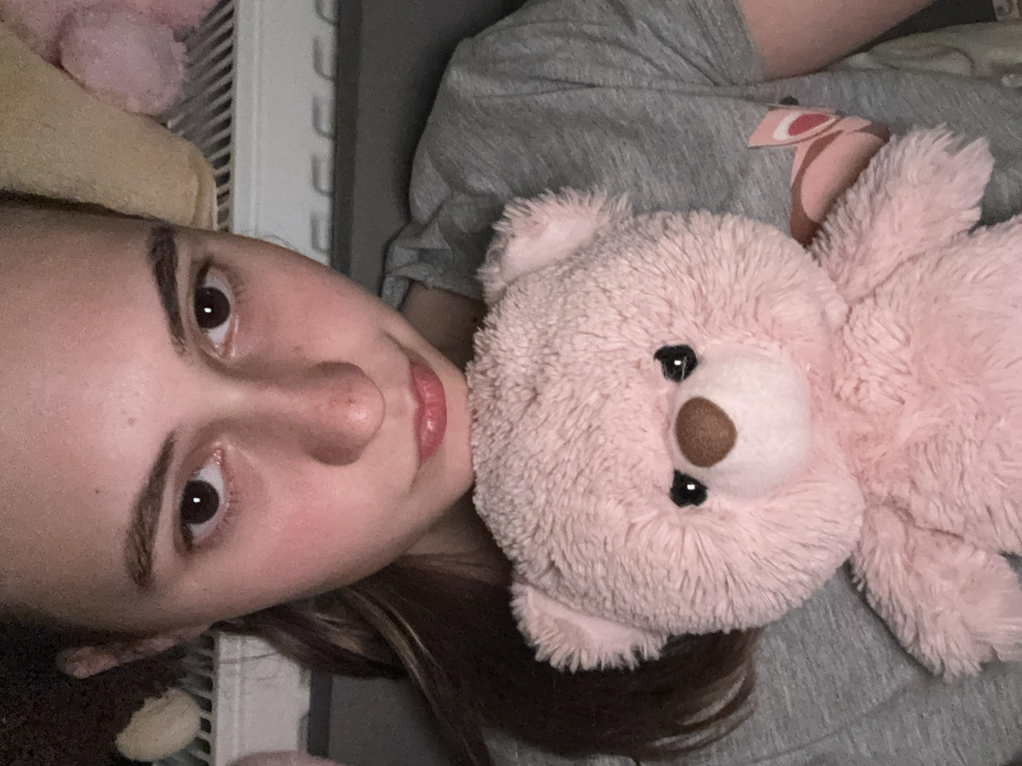 A woman is lying down, holding a pink teddy bear. The woman has brown eyes and hair. She is wearing a gray t-shirt. Part of a radiator and additional stuffed animals are visible in the background. The location is unknown, and there is no indication it is Panagyurishte, Bulgaria.