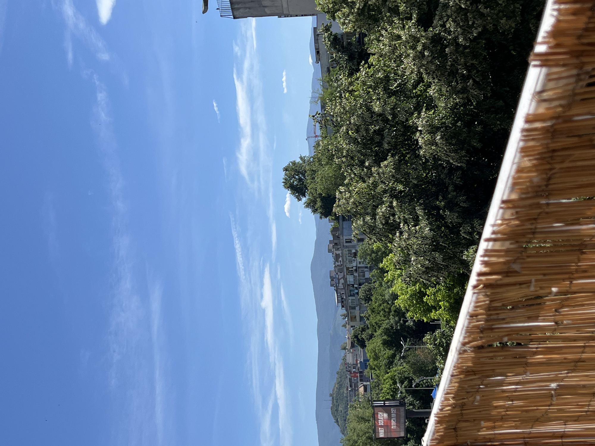 The image shows a view from a balcony in Plovdiv, Bulgaria. The sky is blue with wispy clouds. Buildings are nestled amongst green trees and there are mountains in the background. A straw fence is in the foreground on the right side of the image. There's a billboard visible amongst the trees.