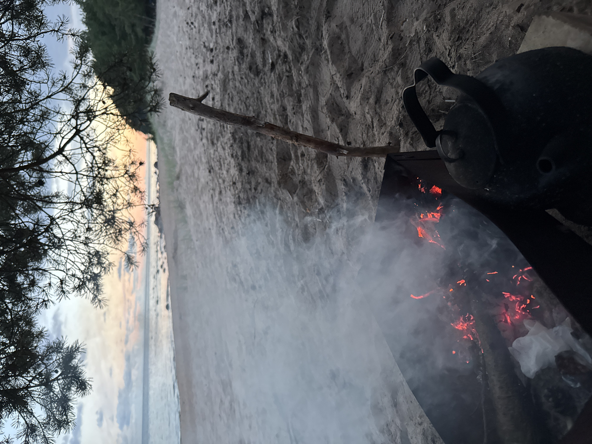 The image depicts a serene beach scene at dusk in Shepelevo, Russia. The foreground is dominated by a portable barbecue grill with glowing embers and rising smoke, positioned on the sandy shore. A dark, metal teapot with a curved handle sits beside the grill. A single, dry stick stands upright in the sand near the grill. In the background, the calm sea stretches towards the horizon, where a faint sunset is visible, casting soft hues across the sky. The beach is composed of sand with visible ripples, and pine branches overhang the scene from above. The overall atmosphere is peaceful and indicative of an outdoor encampment or gathering by the sea.