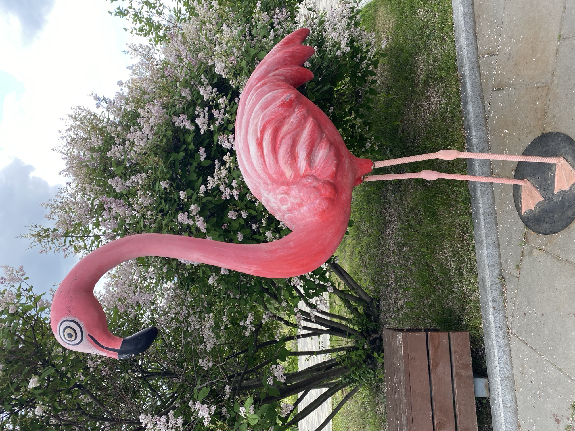 A pink flamingo statue stands in a park in Yekaterinburg, Russia. The statue has a long, curved neck, a black beak, and pink legs. It is positioned next to a flowering bush with small white blossoms and a wooden bench. A concrete path borders the scene.