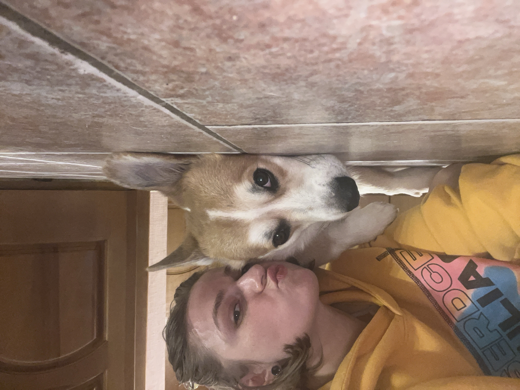 A young person lies sideways on a floor comprised of brown tiles next to a closed door. The young person is wearing a yellow sweatshirt. The face is tilted upwards with lips pursed. A dog with tan and white fur lies next to the person, its head aligned with the person's head. The top of the dog's head presses against the tile. The location is indeterminate and there is no information to suggest it is in Novosibirsk, Russia.