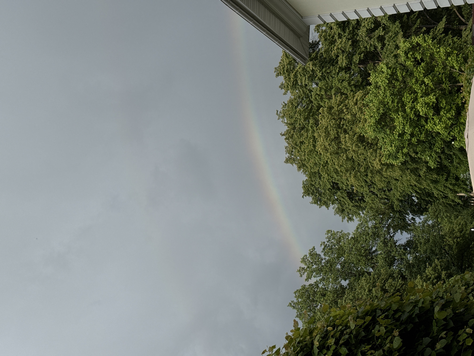 The image shows a partial rainbow in a cloudy sky. The rainbow arches from the top left to the middle right of the frame. Green trees are visible on the right side, and part of a white building is in the top right and top left corners. The sky is overcast with gray clouds. The location is unknown.