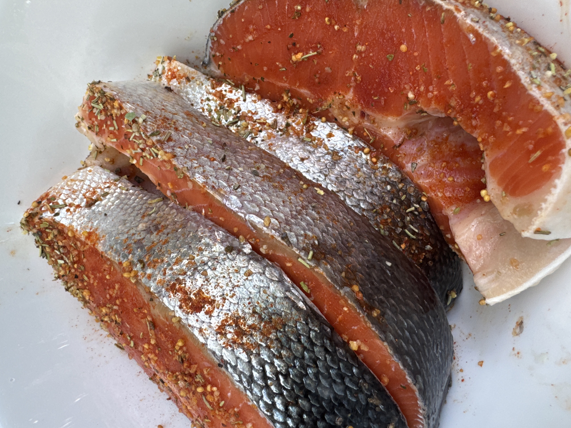 This media file shows a close-up view of several cuts of raw salmon, seasoned and ready for cooking. The salmon pieces are arranged on a white surface, likely a plate or tray. Each cut displays the vibrant orange-pink flesh of the fish, contrasted with the silvery skin. The seasoning appears to be a mix of herbs and spices, including visible flakes of rosemary, thyme, and possibly chili flakes and peppercorns, giving the fish a rustic texture.
The lighting suggests an indoor setting, possibly a kitchen, with soft light illuminating the subjects. There are no people visible in the frame. The scene focuses entirely on the prepared food, highlighting the details of the raw salmon and its seasoning. The overall impression is one of culinary preparation, with the food appearing fresh and ready to be cooked. The context of Усть-Курдюм, Russia, does not offer specific visual cues within the image itself, but it provides a geographical setting for this food preparation. There is no visible text in the image.