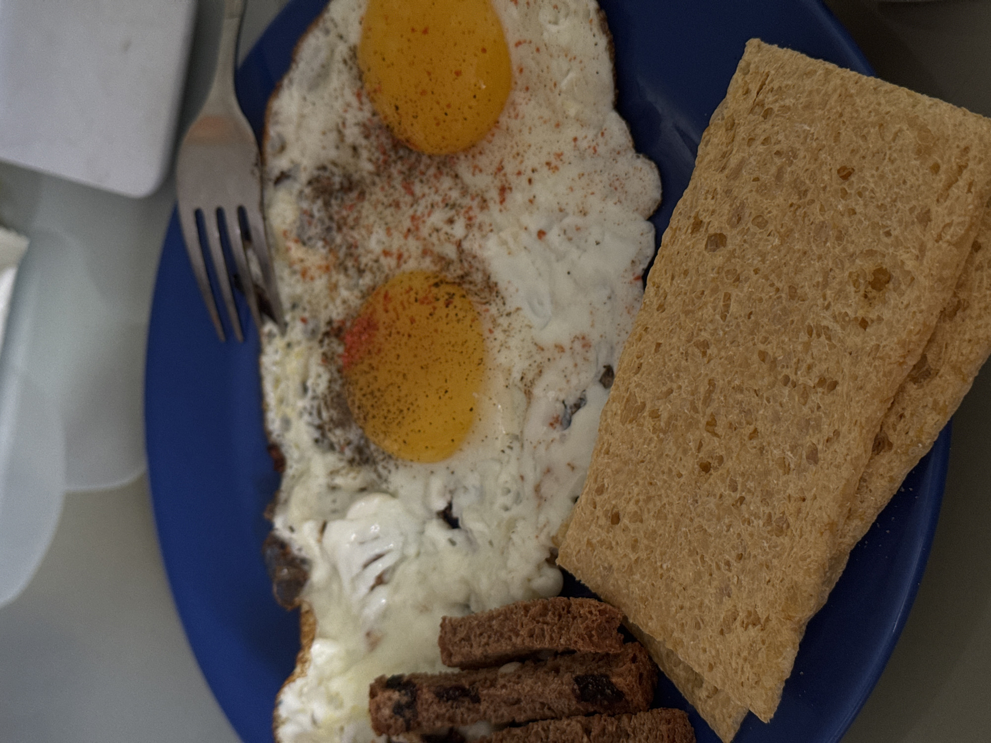 A plate of food is seen from above. The plate is blue. On the plate are two fried eggs, two slices of bread, and three slices of dark bread. A fork is partially visible. It is unknown if the location is Ново-Никольское, Russia.