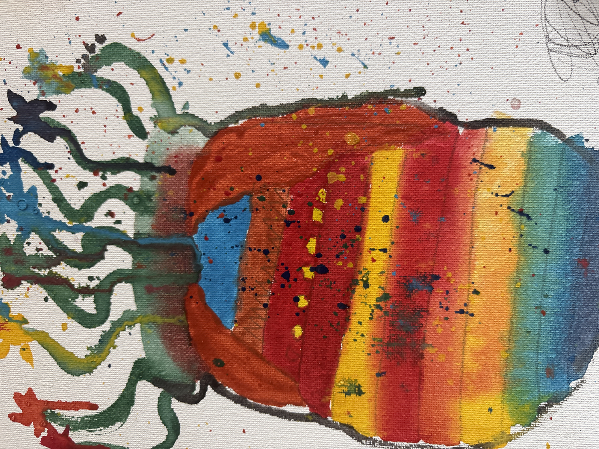 The image is a close-up of an abstract painting on canvas. The main subject is a large, rounded shape filled with vertical stripes of color, transitioning from blue on the right side through green, yellow, orange, and red towards the left. A cluster of green, tentacle-like shapes extends from the left side of the colorful form, with some of these shapes exhibiting yellow and blue accents. The background is white with scattered droplets of various colors, primarily blue, yellow, and red. A dark outline encircles the main shape. The painting has a textured appearance due to the canvas weave and paint application. The scene does not depict any location in Plovdiv, Bulgaria, people, specific actions, or interactions.