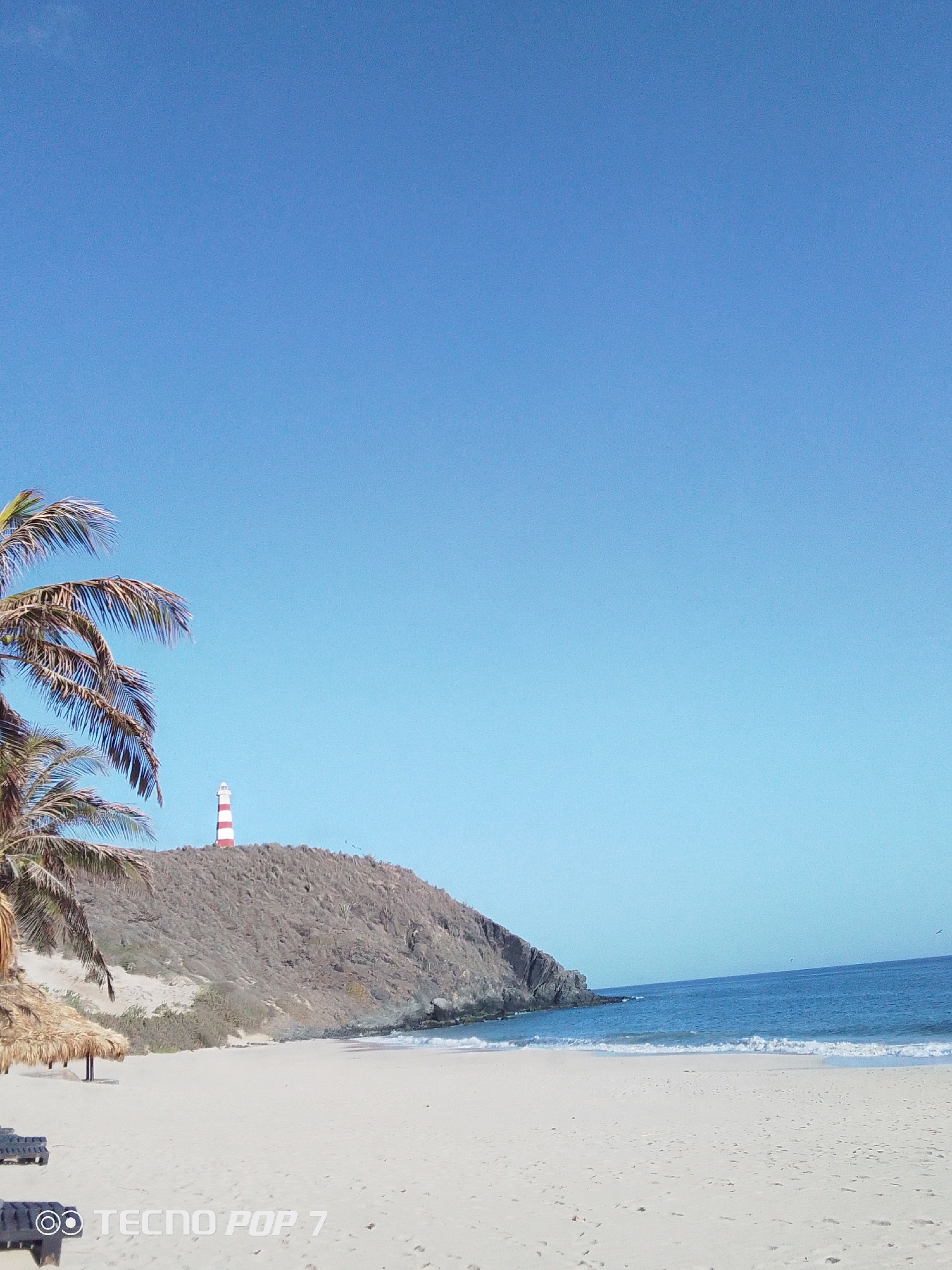 The image shows a coastal scene in Pedro González, Venezuela. A sandy beach stretches along the bottom of the frame, meeting the ocean's edge. Waves are visible in the water. A small hill rises from the beach; on its crest stands a red and white striped lighthouse. The hill is sparsely vegetated. Palm trees are visible on the left side of the image, with beach umbrellas nearby. The sky is clear and blue. The photo includes a logo, probably from the camera phone used to capture the image.