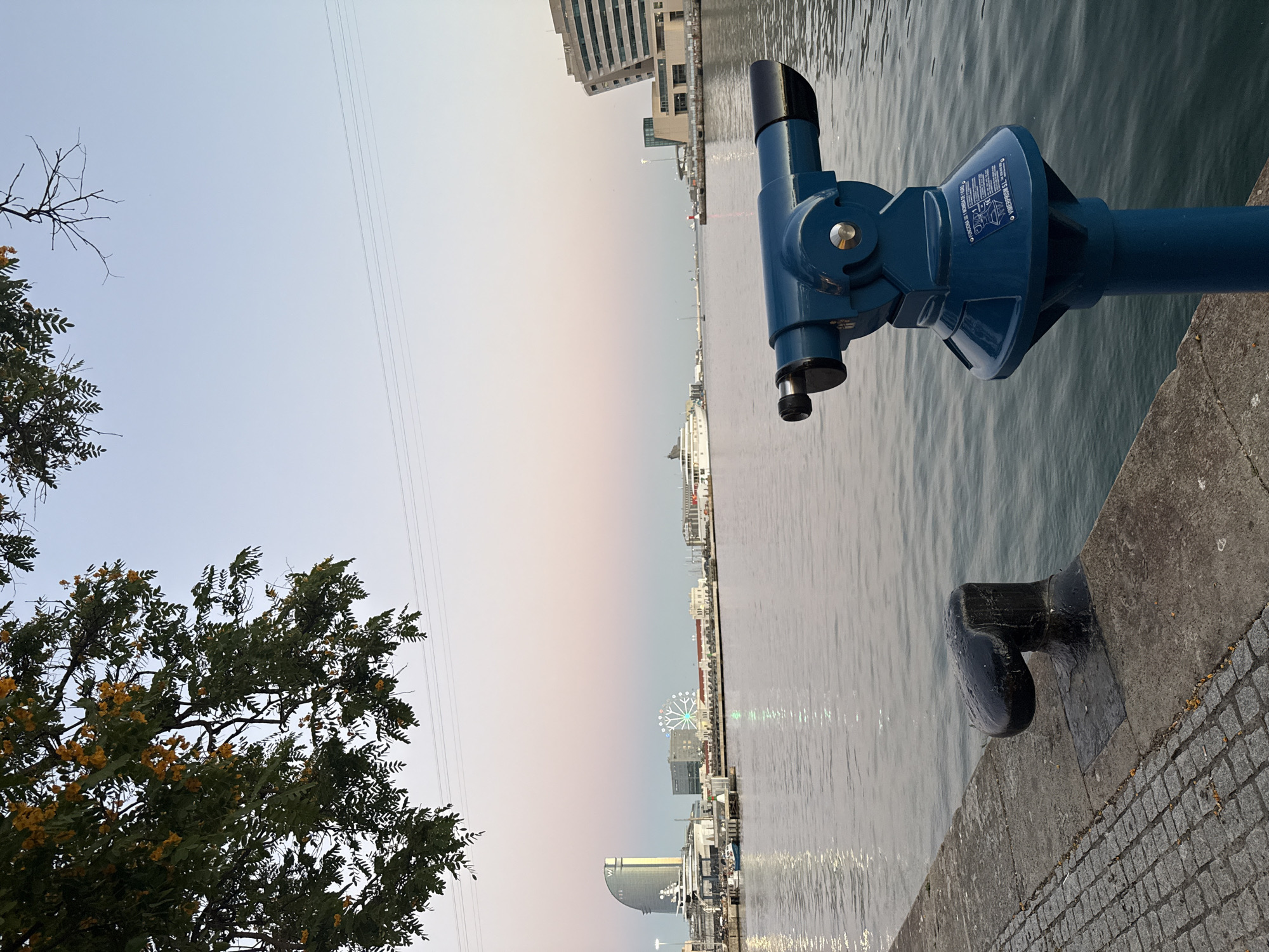 The image depicts a waterfront scene in Barcelona, Spain, likely near Port Vell, as suggested by the distinctive architecture and the presence of large boats. In the foreground, a blue public telescope stands on a concrete platform. Adjacent to it is a large, black mooring bollard. The platform is paved with cobblestones. Beyond the platform, the calm water of the harbor stretches towards the horizon. In the mid-ground, the Barcelona skyline is visible, featuring notable landmarks like the W Hotel (Hotel Arts Barcelona), a Ferris wheel with illuminated spokes, and various other buildings. Several boats, including a large white yacht and a ferry, are docked or cruising in the harbor. The sky above is a soft gradient of pink and blue, indicating either sunrise or sunset. Lush green foliage with yellow flowers hangs from a tree branch in the upper left corner of the frame. The overall atmosphere is serene and picturesque.