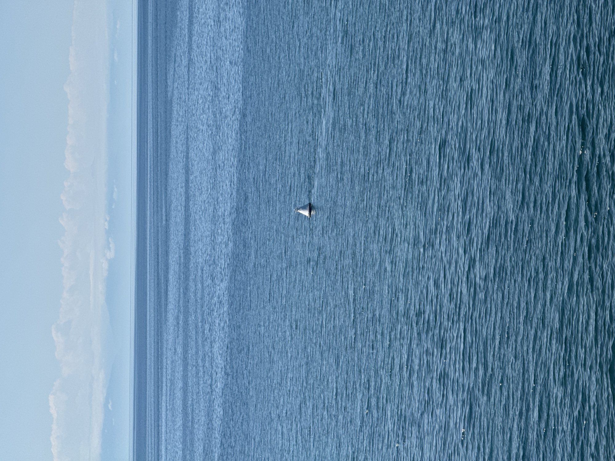 A white buoy with a conical top floats on a vast, blue, rippling body of water under a clear sky with distant white clouds. The horizon line is straight, separating the water from a pale blue sky that transitions into a light haze above faint, distant landforms. The scene is serene and minimalist, focusing on the expanse of water and the solitary buoy.