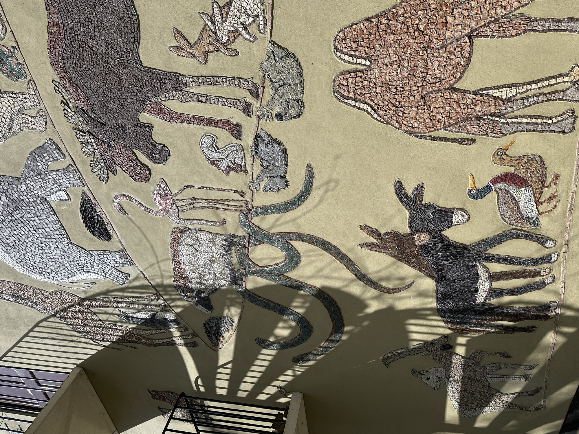 A detailed mosaic mural depicting various animals covers an exterior, pale yellowish-beige wall at 10 High Street, Maldon, Essex, CM9 5PF, United Kingdom. The mosaic is constructed from diverse natural-toned tesserae. Animals depicted include, from top to bottom: a giraffe, a white rhinoceros, a moose or elk, a flamingo, sheep, a squirrel, and two rabbits. Further down, stylized green serpentine patterns are present, alongside two small, inverted, otter-like creatures. The lower section features an ibex, two donkeys, a duck, a smaller bird, and a large brown camel. Direct sunlight creates crisp, elongated shadows from an adjacent black metal balcony railing, partially overlaying the upper and central animal figures.