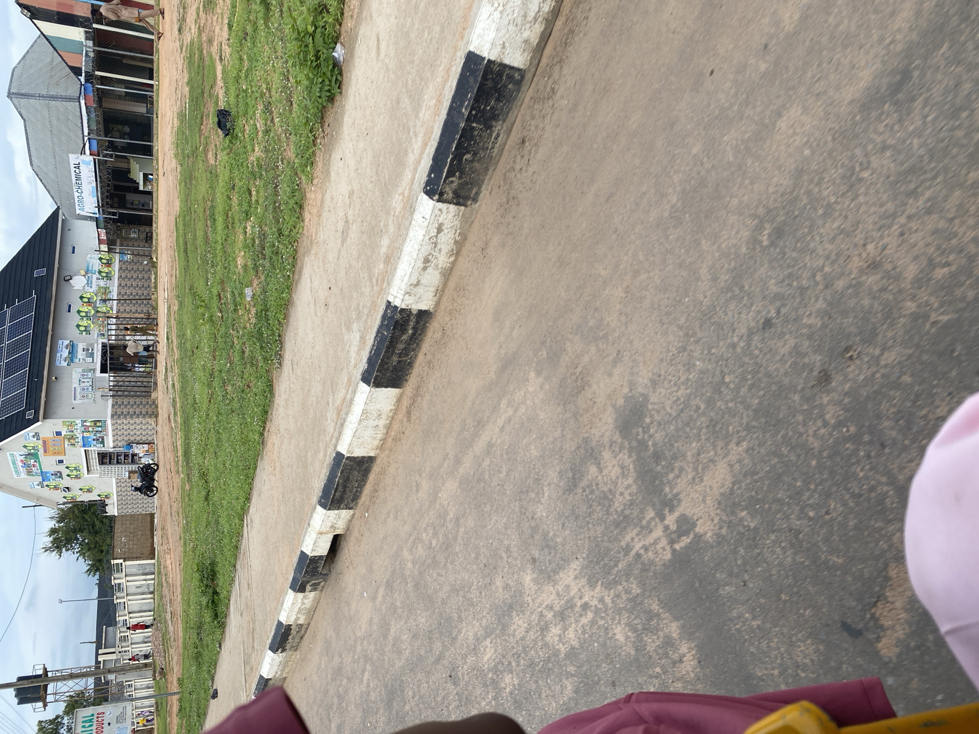 The image depicts a street scene in Jalingo, Nigeria. In the foreground, a black and white striped curb runs along the edge of an asphalt road. Beyond the curb, a patch of green grass is visible, with some scattered litter. In the background, several buildings line the street. To the left, a building with "AGRO-CHEMICAL PRODUCTS" signage is partially visible. Next to it, a taller structure with a water tank on top stands near a fence. Further down the street, a building with solar panels on its roof displays various posters and advertisements. Adjacent to this, another building has a prominent "AGRO-CHEMICAL" sign. People are seen walking in the background, and a motorcycle is parked in front of one of the buildings. The sky is overcast, suggesting a cloudy day.