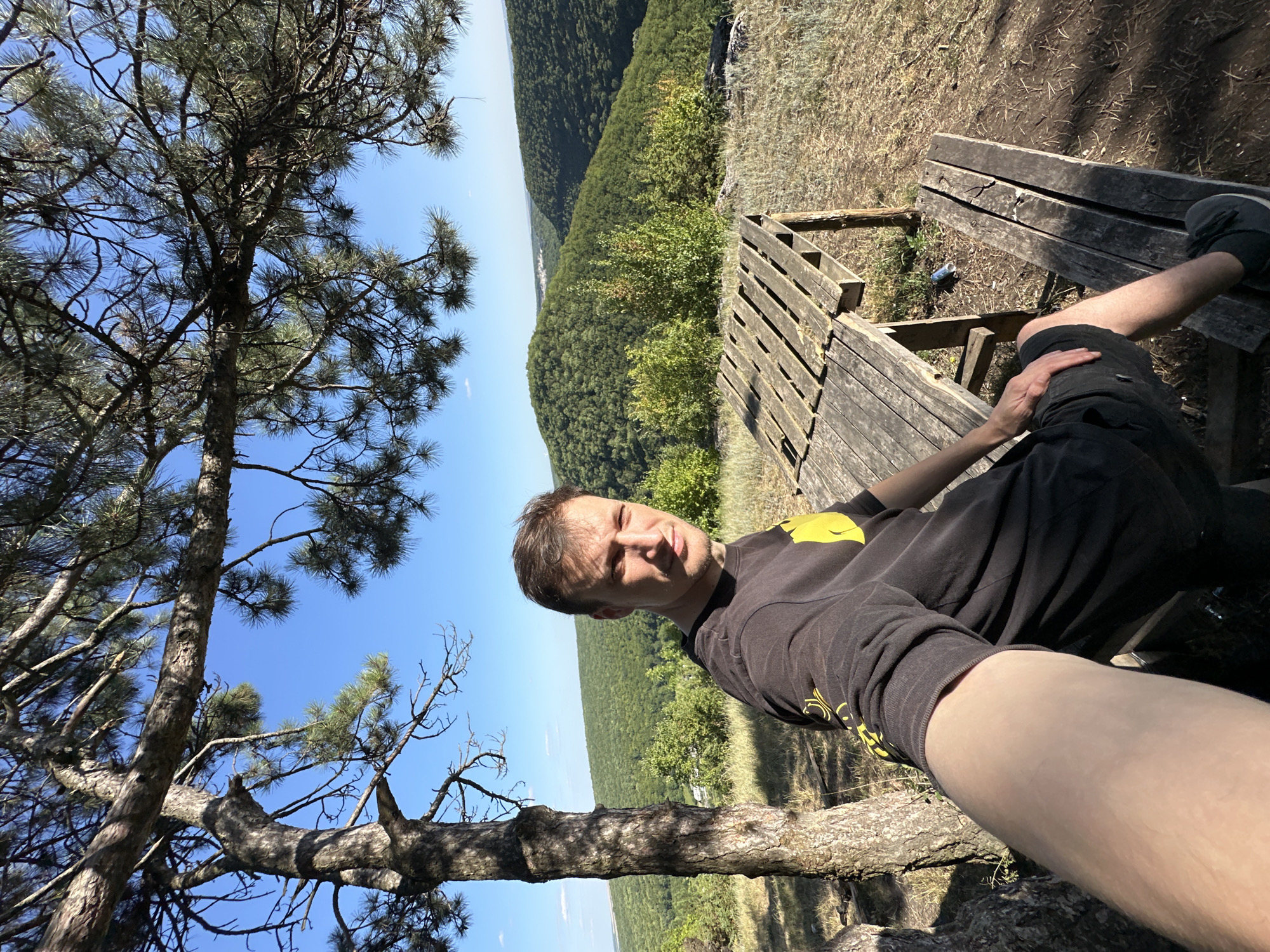 A man is taking a selfie while sitting on a wooden bench. He is wearing a dark t-shirt with a yellow logo on the sleeve and black shorts. He is sitting next to a wooden picnic table. The background shows a lush, green, hilly landscape covered in trees, under a clear blue sky. A pine tree is partially visible on the left side of the frame, its branches extending over the scene. The location appears to be a natural viewpoint overlooking a valley. The overall scene is consistent with an outdoor recreational area.