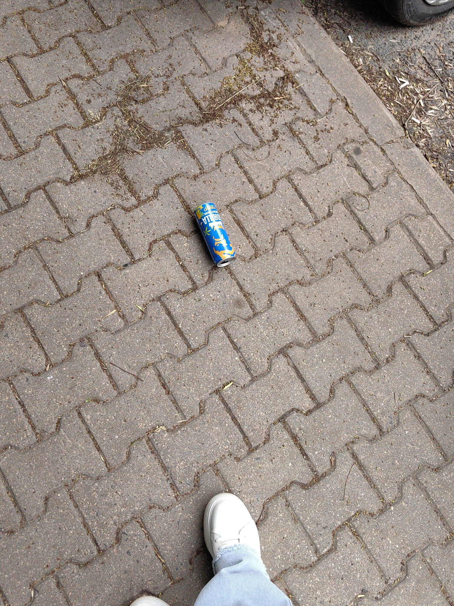 The image shows a discarded blue and yellow can of "Gorilla" energy drink lying on a patterned concrete sidewalk in Minsk, Belarus. The sidewalk is partially covered with dry leaves and grass. A person's feet wearing white sneakers and light blue jeans are visible in the lower part of the image, indicating they are standing on the sidewalk. In the upper right corner, a portion of a car tire is visible, suggesting the sidewalk is near a road or parking area. The overall scene depicts an outdoor urban environment.