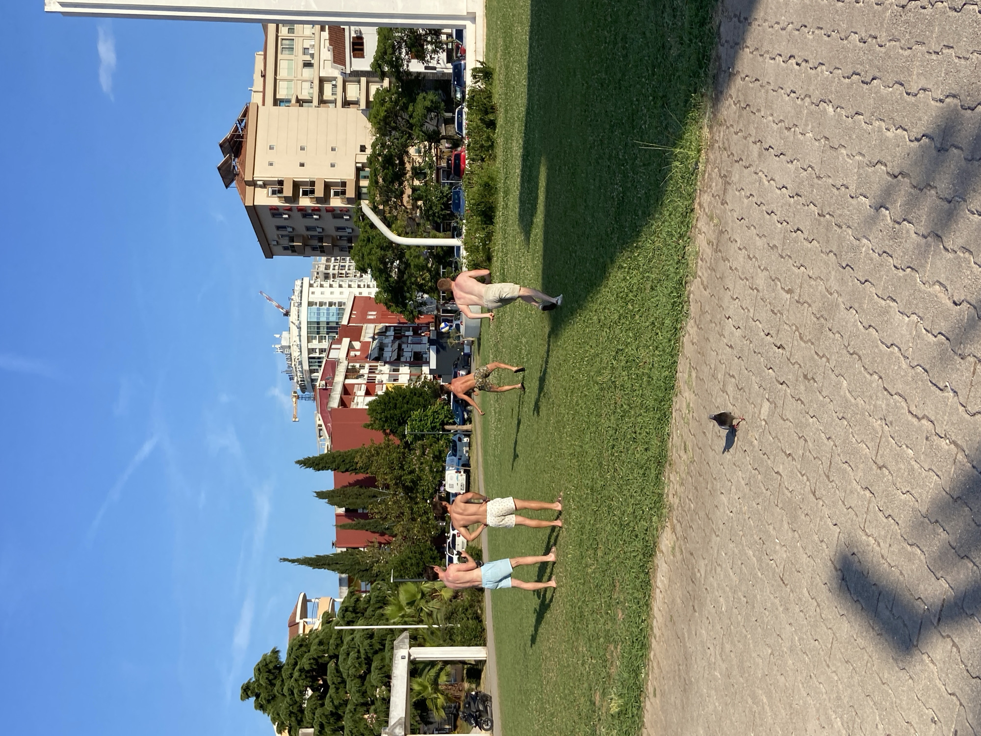 This media file, taken in Budva, Montenegro, captures a sunny day with a clear blue sky, suggesting pleasant weather. The scene unfolds in an urban park-like setting adjacent to a paved walkway. In the background, several multi-story buildings, characteristic of a coastal town, are visible, with trees and greenery interspersed.
The primary subjects are three young men, all shirtless and wearing swim trunks, engaged in what appears to be a casual game or practice session on a grassy area. One man is positioned further away, seemingly mid-stride or jumping, while the other two are closer to the foreground, facing away from the camera. Their posture and relaxed demeanor suggest a lighthearted activity. A single bird is also present on the paved walkway, casting a distinct shadow.
The time of day is likely afternoon, given the long shadows cast by the bird and possibly by unseen objects or structures. The overall atmosphere is relaxed and summery, with the bright sunlight emphasizing the vibrancy of the green grass and the blue sky. There is no visible text in the image.