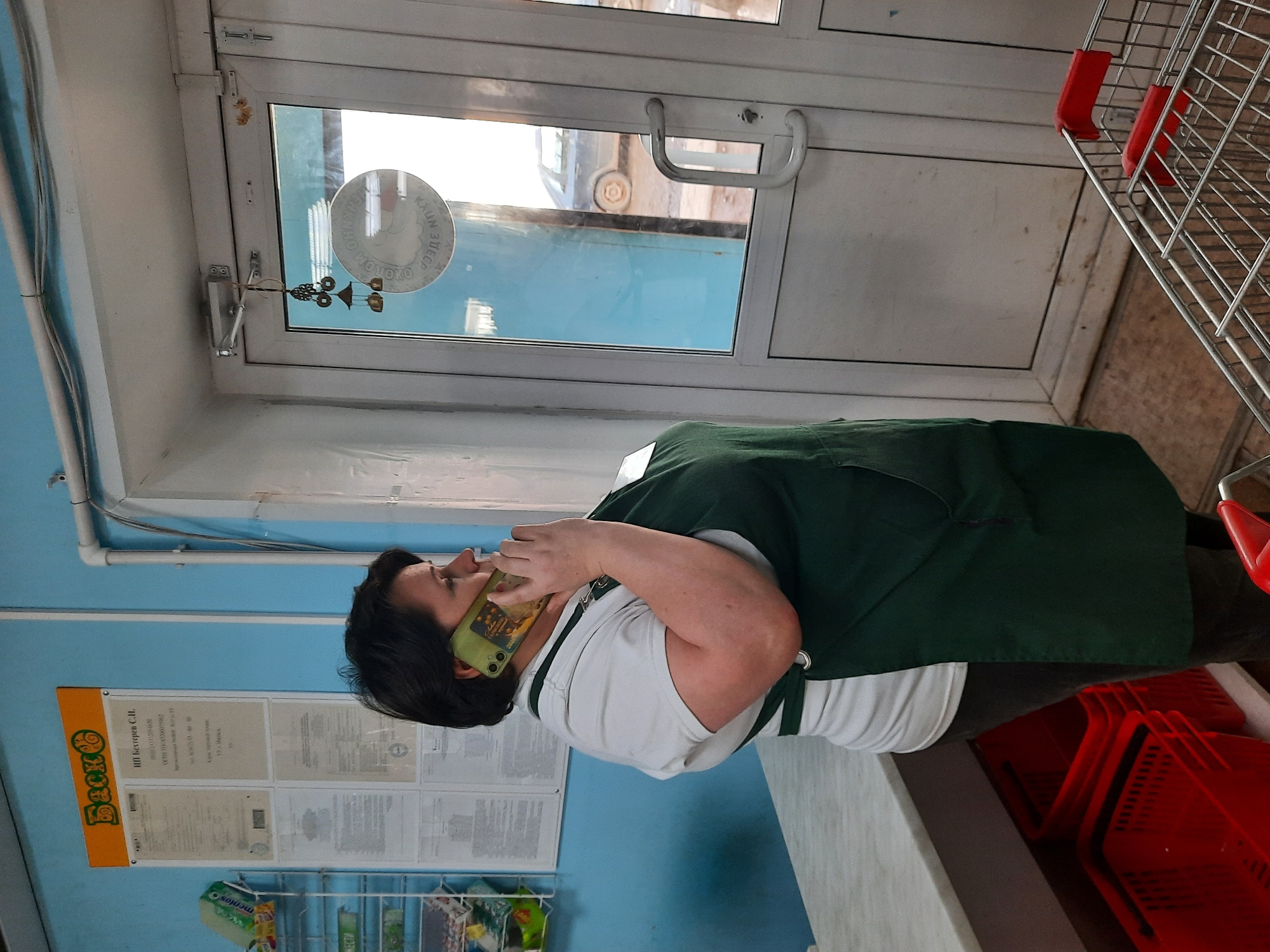 A woman wearing a white t-shirt and a dark green apron is talking on a cell phone inside a store. The phone has a green case. The woman has dark hair. Behind her, a blue wall displays posters and a rack of snacks. To the right of the woman are red baskets, and next to that is a shopping cart. In the background, a white-framed glass door is visible. A sticker on the glass indicates this is in Krasnogorskoye, Russia.