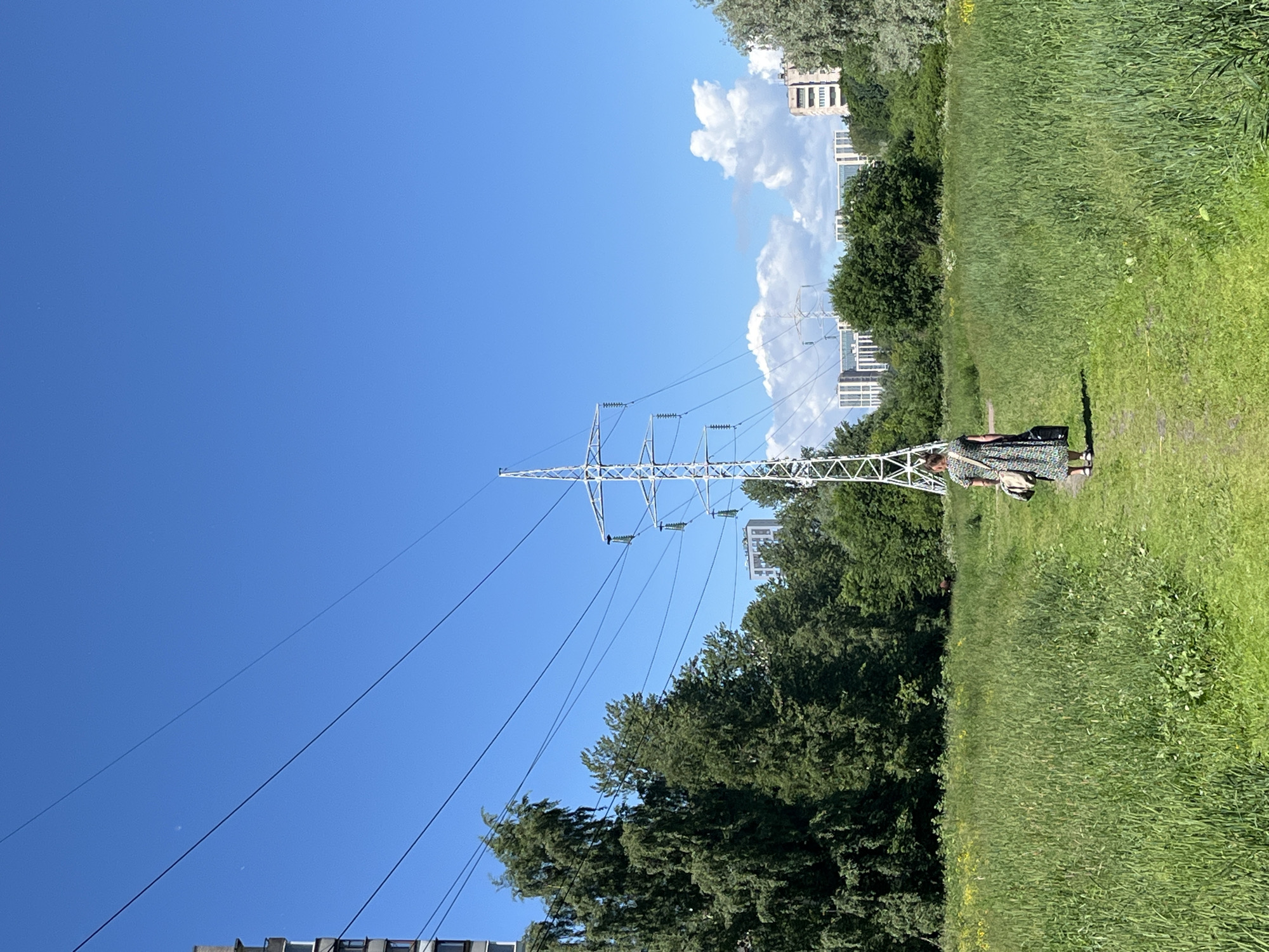 A woman with dark hair, wearing a patterned dress and white sandals, walks away from the camera on a grassy path. She carries a light-colored shoulder bag and a dark bag in her right hand. The path is lined with tall green grass and wildflowers. In the background, a large pylon supports high-voltage power lines that stretch across the frame. Beyond the pylon, a dense line of trees obscures a view of distant buildings. To the left, a tall, modern apartment building is partially visible, and to the right, a building with visible balconies and a beige facade is seen. The sky is a clear, bright blue with a few white, puffy clouds. The scene is outdoors, suggesting a park or a green space within an urban environment. The presence of power lines and apartment buildings indicates an urban or suburban setting within Saint Petersburg, Russia. The lighting suggests it is daytime, likely midday or afternoon due to the bright sun.