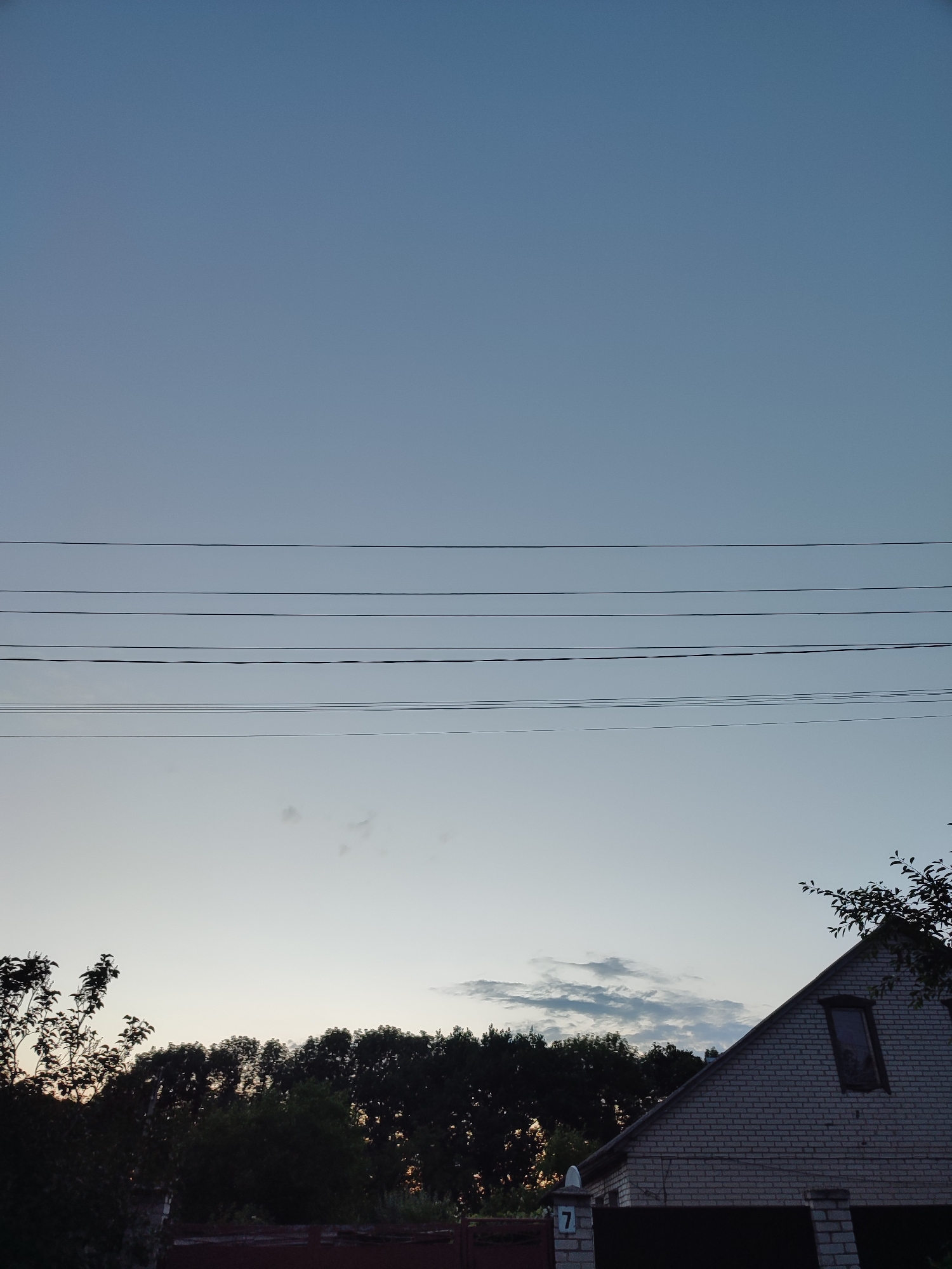 The image depicts a dusky sky over a rural residential area in Shyshaky, Ukraine. The top two-thirds of the frame are dominated by a clear, pale blue sky, transitioning to a lighter gradient near the horizon. Several parallel power lines are strung across the upper mid-section of the image, breaking the expanse of the sky.
Below the power lines, a line of dark green trees stretches across the horizon, silhouetted against the lighter sky. In the lower right portion of the image, a white brick house with a dark-tiled roof is partially visible. A single, small window with dark glass is set into the gable end of the house. A portion of a dark fence and a fence post with the number "7" on it are visible in the foreground, to the left of the house. To the left of the house and trees, some leafy branches of a tree are silhouetted against the sky. The overall impression is one of quiet twilight in a village setting.