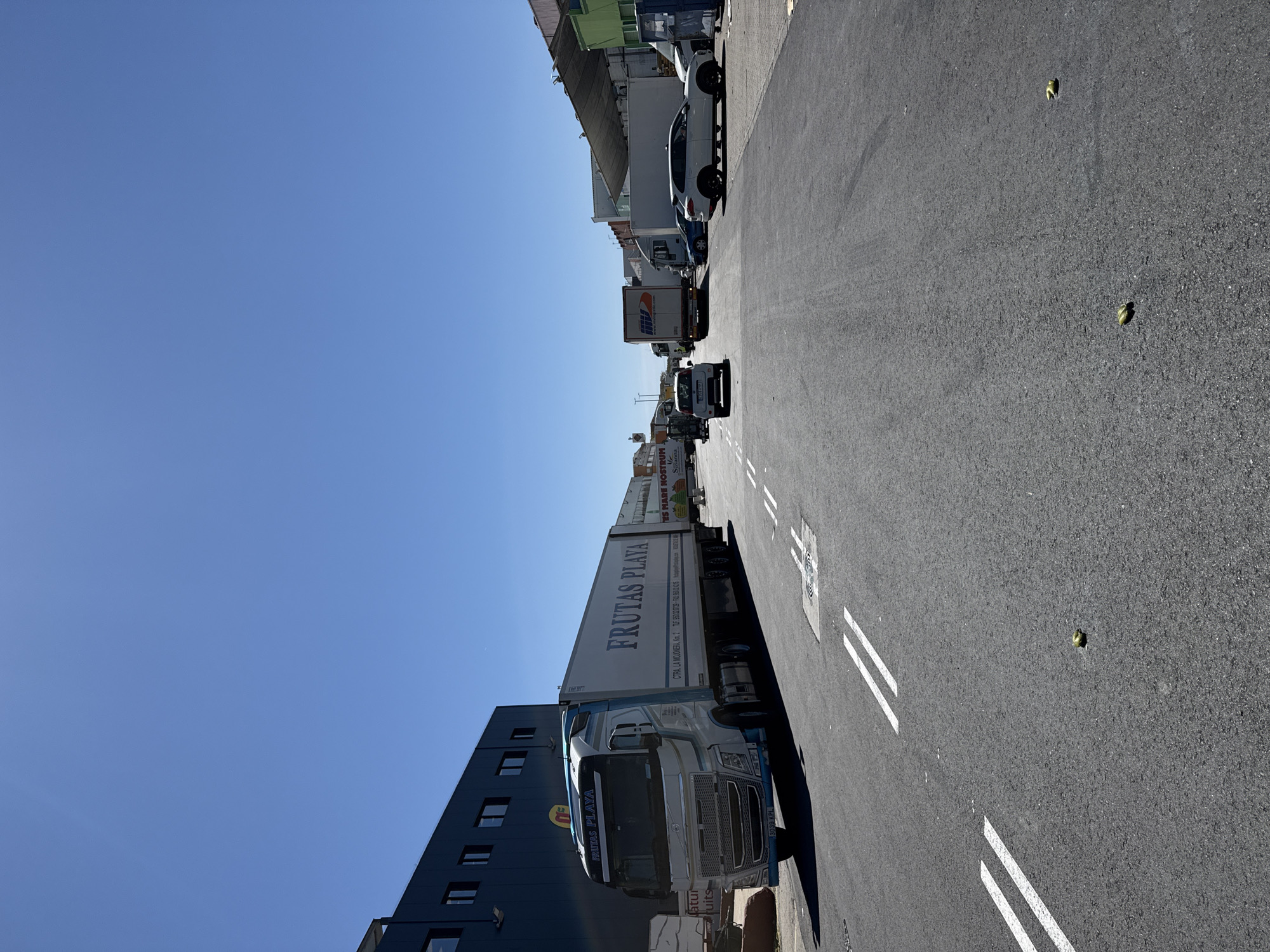 The image presents an outdoor scene alongside a street in an industrial area, under a clear blue sky. The dominant subject is a large "FRUTAS PLAYA" truck parked on the asphalt road, its signage visible on the side. Behind the truck, a dark-colored building with windows is present. Further down the road, there are other trucks and vehicles parked. The asphalt shows white lane markings and small, green objects scattered. The location, as indicated by the truck's signage and license plates, suggests this is in Spain, potentially related to a distribution point of "FRUTAS PLAYA."