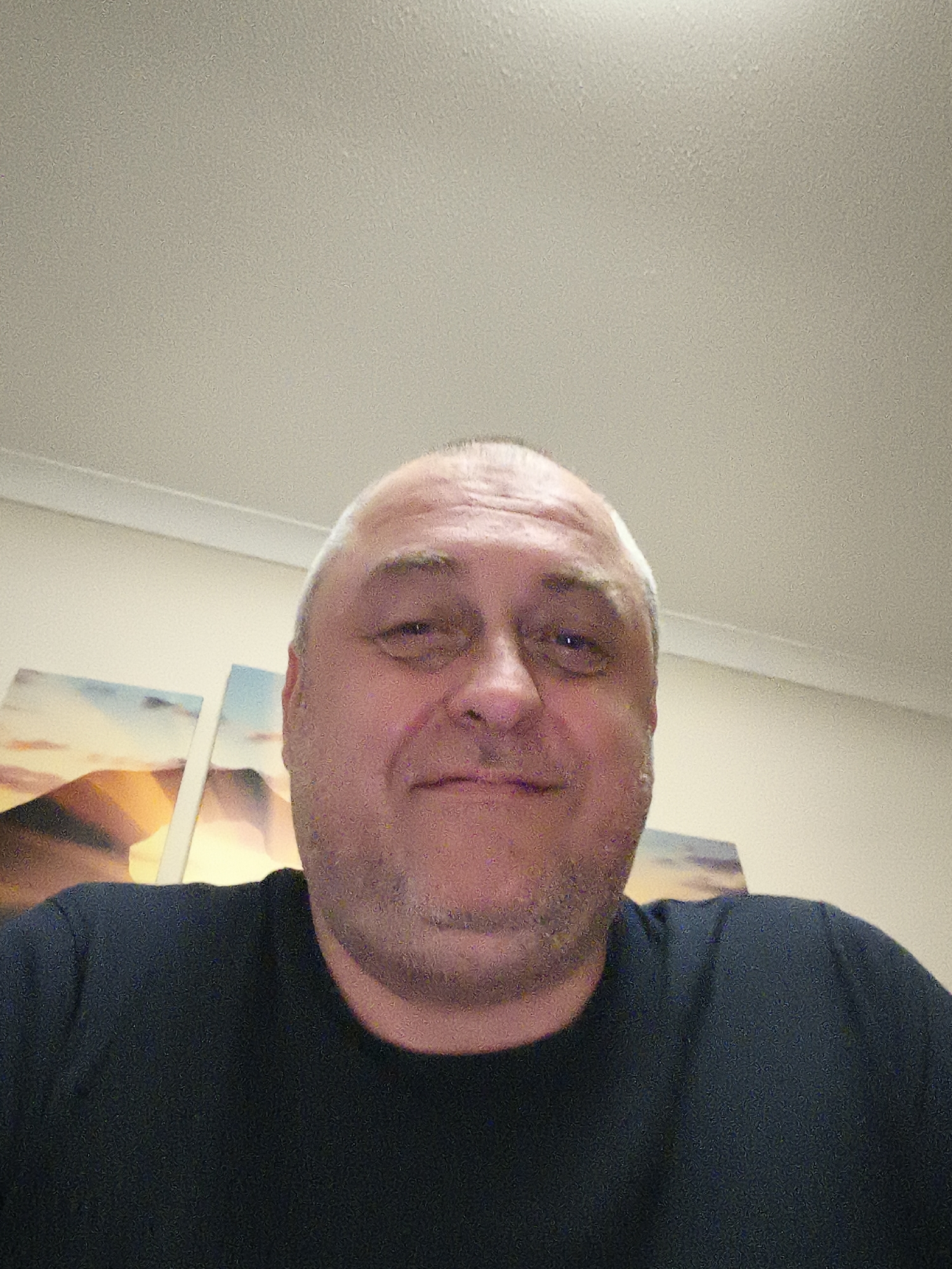A portrait-style photograph captures a middle-aged man indoors, likely in a residence in Huntingdonshire, United Kingdom. The man is centered in the frame, looking directly at the camera with a subtle, gentle smile. He has fair skin, short, mostly grey hair, and light stubble on his chin and cheeks. He is wearing a dark, plain t-shirt.
The image is taken from a slightly low angle, showing the man's head and shoulders. Behind him, on a light-colored wall, two framed artworks are partially visible. These appear to be multi-panel landscape pieces depicting a sunset or sunrise scene, characterized by warm orange, yellow, and blue hues suggesting a sky over a mountainous or hilly terrain. A plain, light-colored ceiling is visible in the upper portion of the frame. The lighting is even and appears to be artificial or diffused, consistent with an indoor setting. No visible text is present in the image.