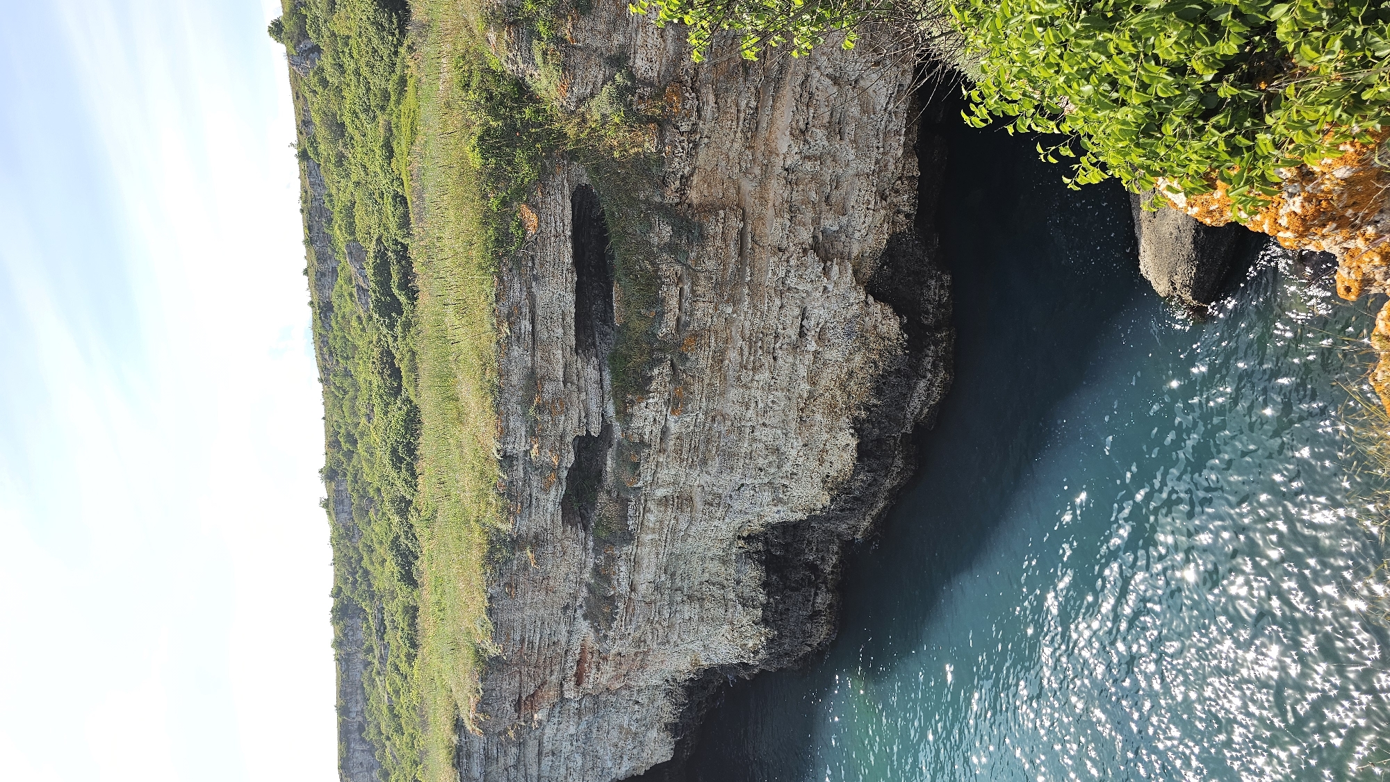The image shows a cliffside view in Kamen bryag, Bulgaria. The cliff is layered with visible sedimentary rock formations. Green vegetation covers the top of the cliff and spills down its sides. The base of the cliff meets the turquoise water of the Black Sea. Sunlight reflects off the surface of the water. Some greenery hangs over the edge of the cliff on the right.