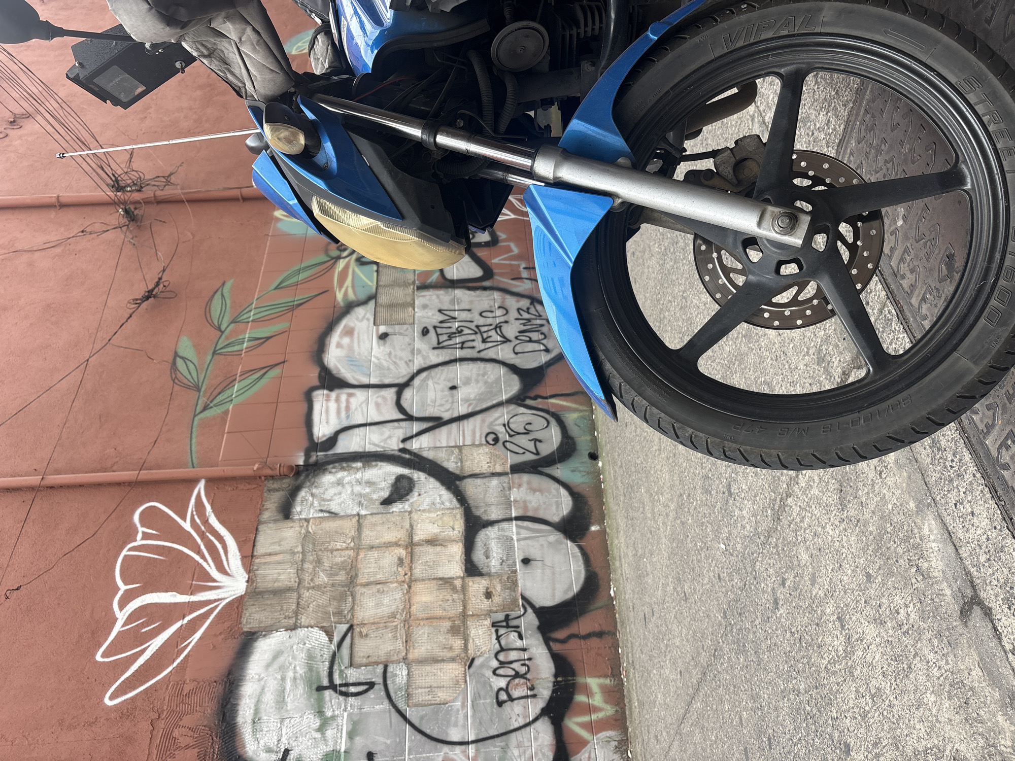 This is a close-up, eye-level, outdoor, full-color photograph of a blue motorcycle parked on a city street. The motorcycle's front wheel, suspension, and part of the body are in the foreground, to the right of the frame. Behind the motorcycle, a textured wall is visible, covered in graffiti. The graffiti includes a white outline of a flower at the top left, and large, black bubble-style letters with some white filling. A few green leaf shapes are also painted on the wall. The wall appears to be made of brick and concrete blocks. The street in front of the wall is paved with concrete. Overhead, a tangled mess of electrical wires is suspended from poles, casting shadows on the wall. The overall impression is of an urban environment with elements of street art and everyday city life. The image was taken in the city of São Paulo, Brazil.