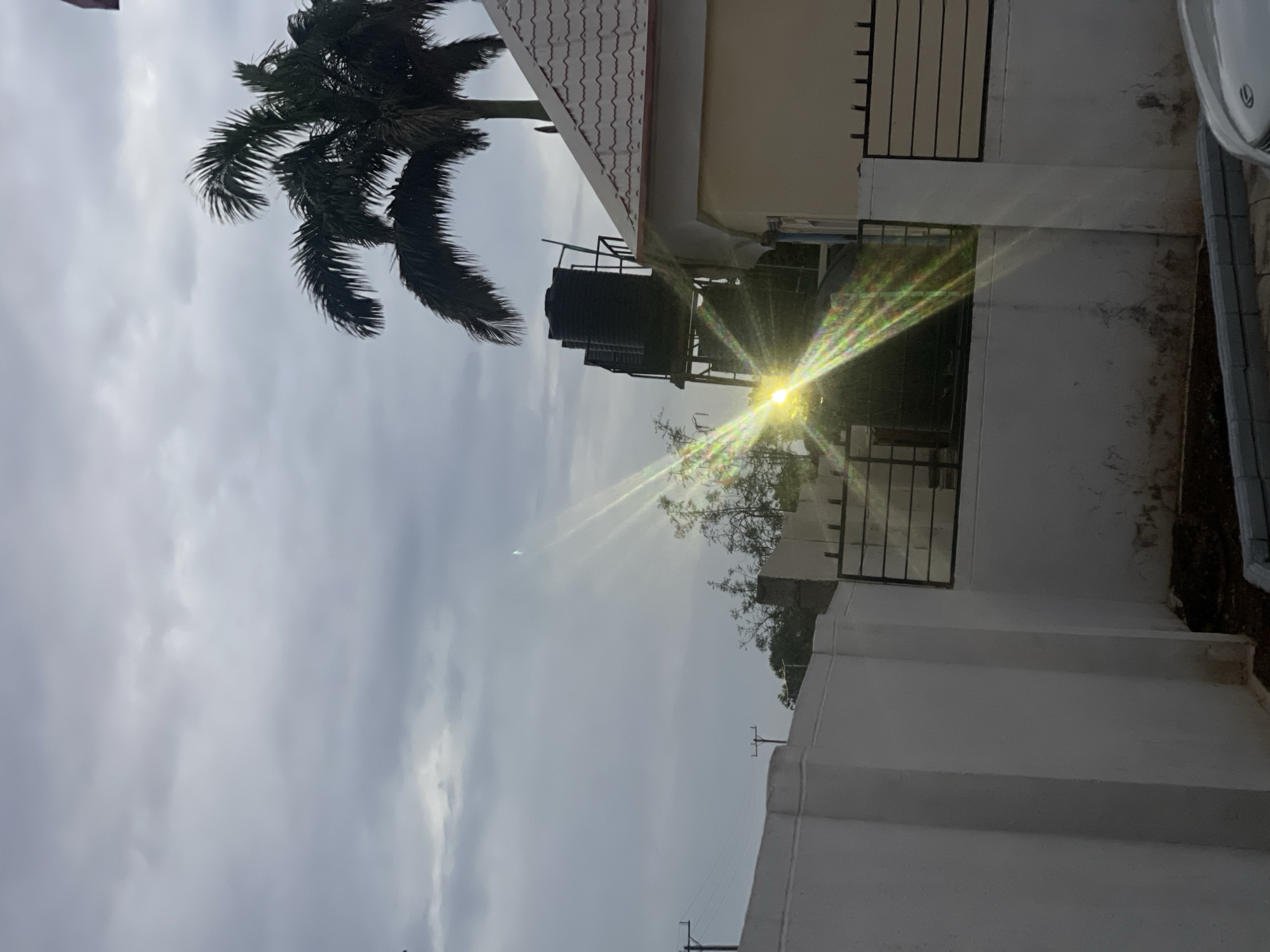 The image shows an outdoor scene, possibly in a residential area, in Abuja, Nigeria. It is a daytime shot with an overcast sky. A palm tree is visible on the left. A building with a white tiled roof and light-colored walls is in the center, with a black water tank on top. There is a metal railing on the building's side. Bright sunlight is shining through the foliage, creating lens flare effects. Part of a white vehicle is visible in the top right corner. Power lines and poles are present against the sky.