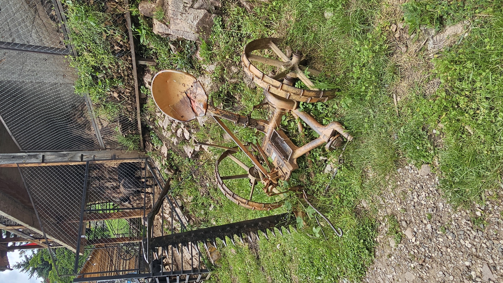 An old, rusted agricultural implement with a seat and two large wheels sits on grassy ground. To the left of the implement is a scythe. In the background, there is a fenced enclosure containing two black animals. A wooden structure is visible behind the enclosure. The ground is covered in grass and gravel. The overall impression is one of disuse and rural setting.
