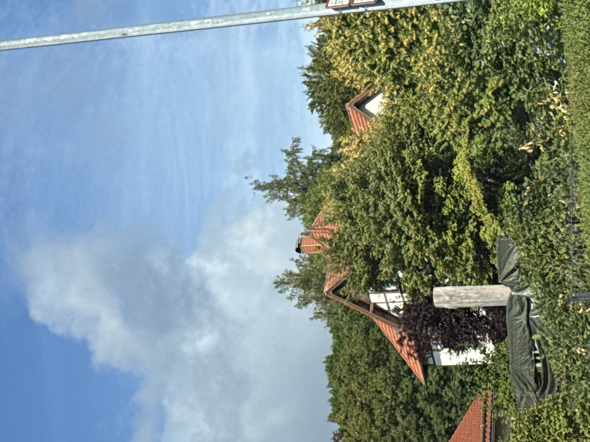 The image depicts a residential building in Bad Sachsa, Germany, partially obscured by dense green foliage. The building features a traditional German architectural style with a prominent pitched roof covered in red tiles and a white facade with dark-colored timber framing visible. A chimney with red bricks extends from the roof. Surrounding the building is an abundance of trees and bushes in various shades of green, some with hints of yellow foliage, suggesting late summer or early autumn. In the foreground, a large object covered with a dark tarp is visible, with a weathered wooden post standing beside it. A tall, slender metal pole, likely a lamppost or utility pole, is positioned on the right side of the frame, extending upwards into a bright blue sky with scattered white clouds. The overall scene conveys a sense of a quiet, residential area nestled within a heavily wooded environment.