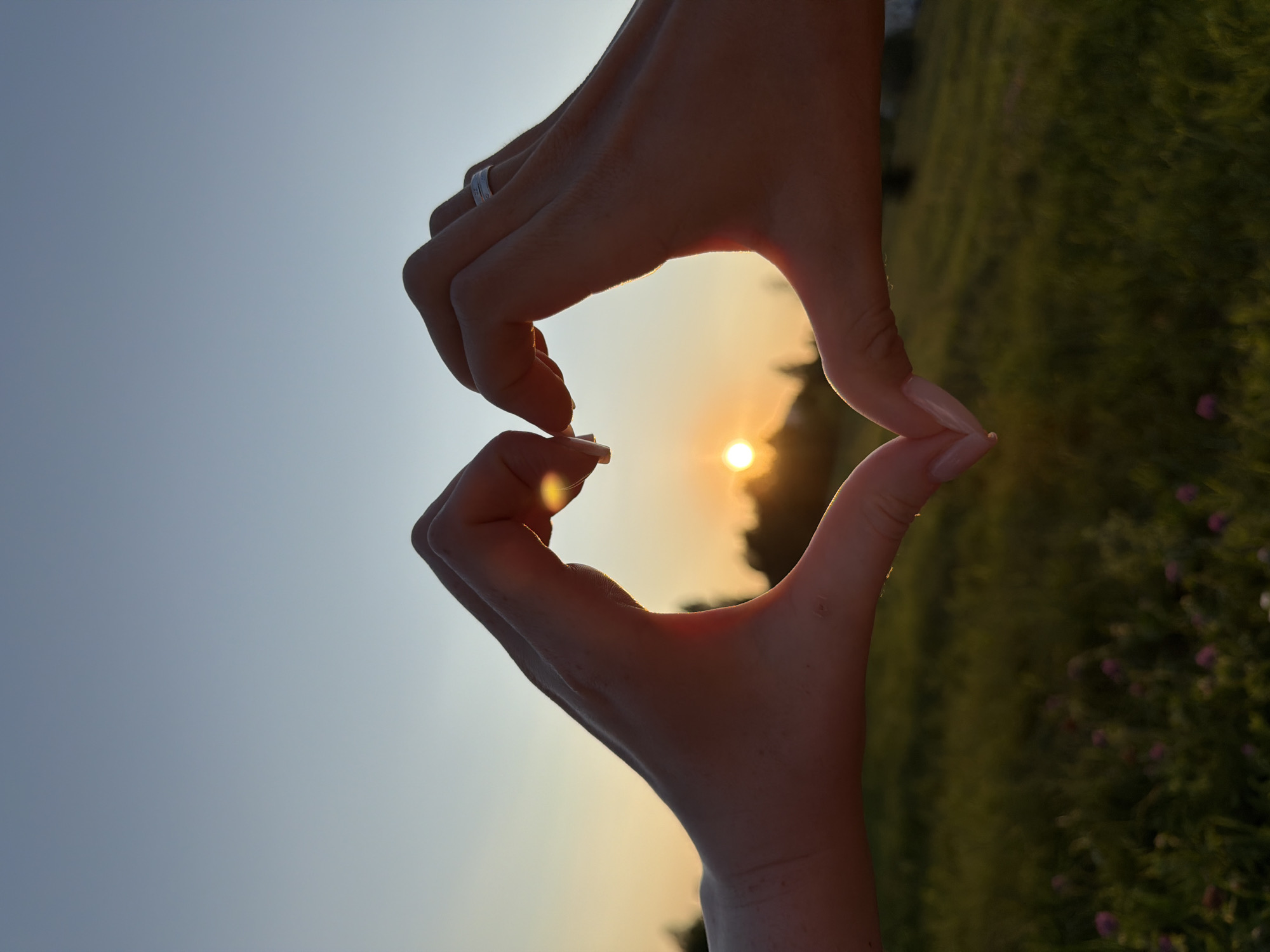 The image shows a close-up view of two pairs of hands forming a heart shape against a sunset sky. The hands are silhouetted, with the setting sun visible as a bright orb at the center of the heart. The background consists of a green grassy field with some blurred trees and a light blue sky. There is a ring on the ring finger of the right hand. The scene appears to be outdoors, possibly in a park or open field. The location in Tolyatti, Russia, is not discernible from the image itself.