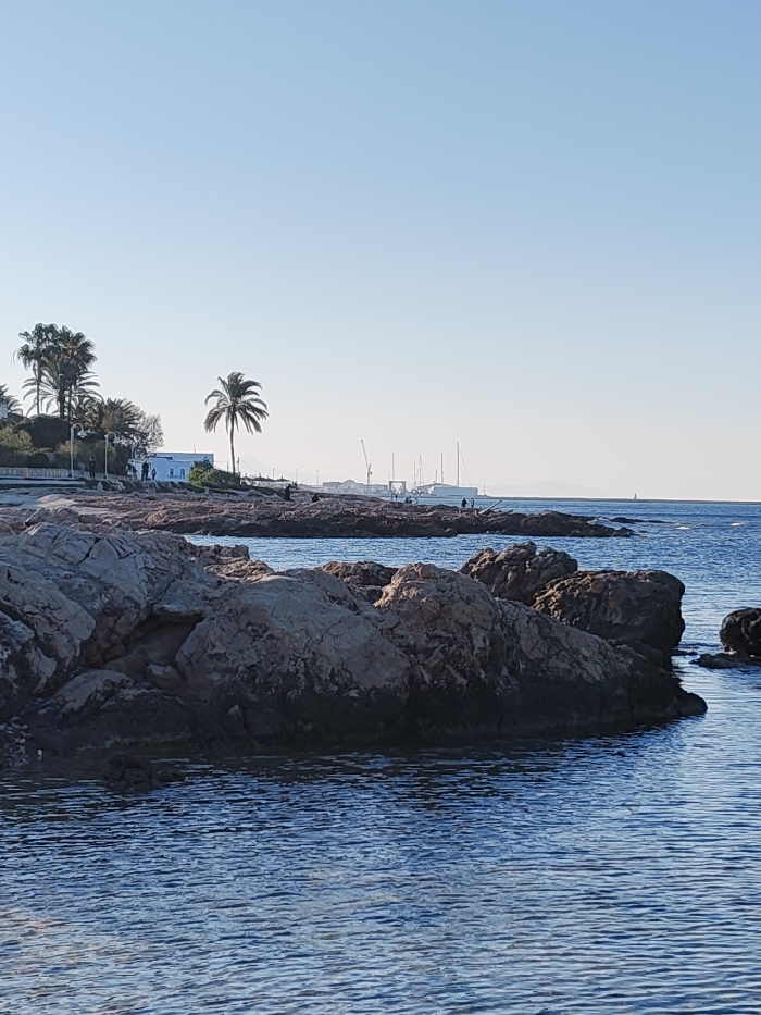 The image presents a sunlit coastal scene in Rotes, Spain. The lower half of the frame is occupied by dark blue, rippling seawater. Large, irregular boulders of light brown and grey rock form a jagged shoreline and a rocky outcrop extending from the lower left to the middle right, with portions submerged.
Behind the rocks, a paved pathway or promenade runs horizontally. Multiple indistinct human figures are present: approximately three to four individuals are visible on the path to the left, and at least two individuals are situated among the rocks closer to the water's edge in the midground. A small, light-colored building with a dark roof is visible behind the path, slightly left of center. Several palm trees and other green foliage are prominent along the shoreline and behind the building.
The background features the open sea under a clear, light blue sky. On the right side, a cluster of white-hulled boats or yachts is anchored or moored. Further right on the distant horizon, industrial structures, including cranes, are discernible, suggesting a port area. Faint outlines of landmasses are visible in the far distance, and a small white object, possibly a sailboat or buoy, is visible further out at sea on the right.