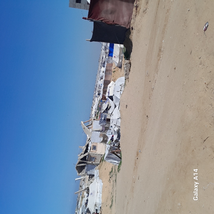 The image depicts an expansive displacement camp in Khan Yunis, Palestinian Territory, under a clear blue sky. The foreground consists of light brown sandy terrain, likely a dirt path, with a small crumpled silver object visible on the right. In the midground to the left, a large white tent with an identifiable red logo stands next to a heavily damaged concrete structure featuring exposed rebar and fractured walls. Adjacent to and in front of this ruin, numerous makeshift shelters fashioned from white tarpaulins and fabrics are densely packed on sandy slopes. To the midground right, a large dark brown fabric screen, supported by poles, partially obstructs a white tent with a blue section and a partial concrete block structure. The background reveals an extensive area filled with countless tents and rudimentary shelters stretching towards the horizon. No individuals or specific actions are discernible.