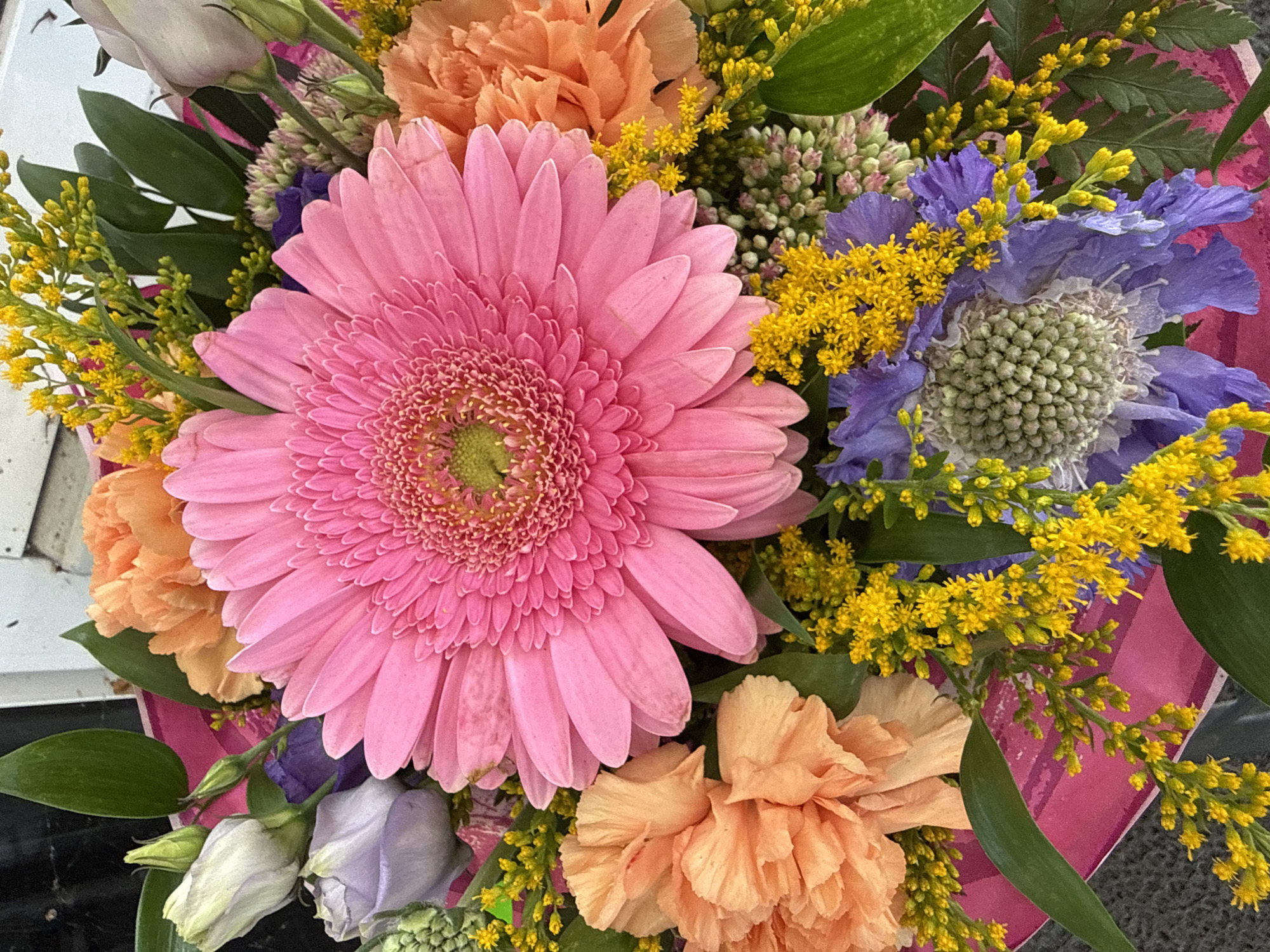 The image displays a vibrant, close-up shot of a flower bouquet. Dominating the center is a large, bright pink Gerbera daisy, its petals radiating outwards from a textured green and pink center. Surrounding the Gerbera are several other flowers in various shades of pink, orange, and lavender, along with small clusters of yellow filler flowers and green foliage. The bouquet is presented against a textured background, with hints of a pink paper wrap visible at the bottom. The overall impression is one of fresh, colorful floral arrangement. There are no people, actions, or interactions depicted in the image, and no specific location in Görlitz, Germany, can be identified from the visual information provided.