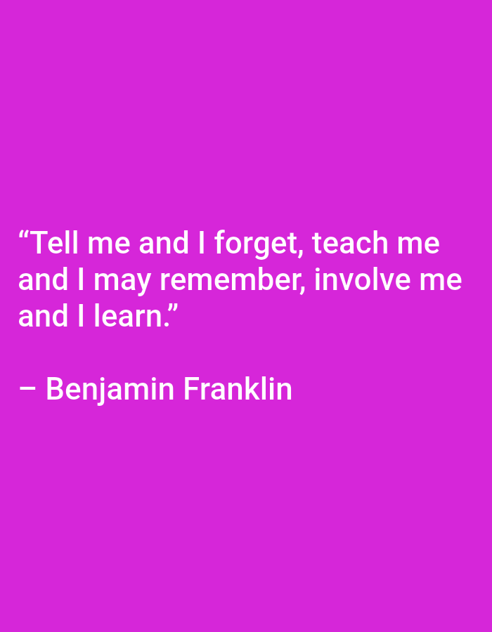 The image is a quote on a bright purple background. The quote reads, "Tell me and I forget, teach me and I may remember, involve me and I learn." Below the quote, it attributes it to "- Benjamin Franklin". There is no visible indication of the city of Mulanur, India.