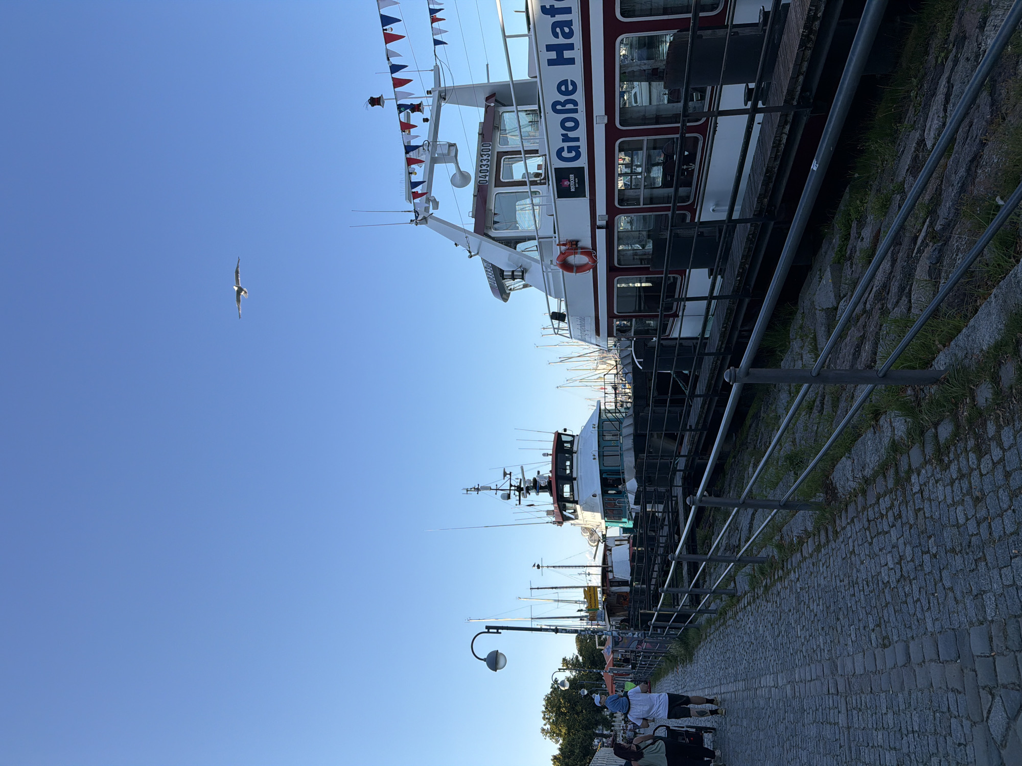 A seagull flies across a bright blue sky above a harbor in Rostock, Germany. The sky is clear and cloudless. In the foreground, a paved walkway runs along the water's edge, lined with a metal railing. Several boats are docked alongside the walkway, including a large white and red passenger ferry named "Große Hafen" and a smaller white boat with a crane. The passenger ferry has "04033300" visible on its upper deck. A few people are walking on the paved path. One person is pushing a stroller, and a child is sitting on another person's shoulders. The overall scene depicts a sunny day at a bustling harbor.