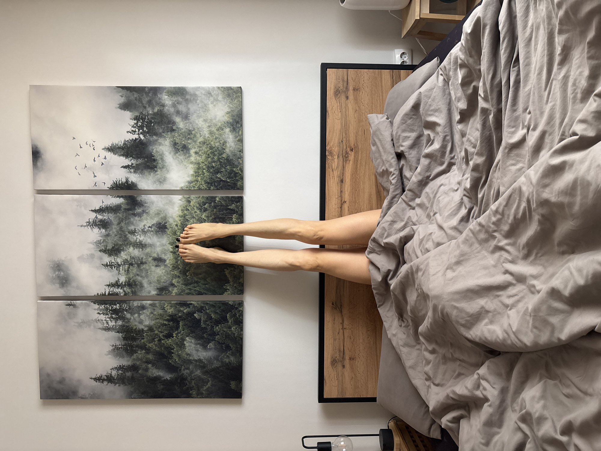 An overhead shot captures a bedroom scene, with a person lying in bed with their legs extended. The visible part of the person consists of slender legs and feet, likely female, with dark nail polish on the toes. They are partially covered by a rumpled, light gray duvet or comforter that occupies the right side of the frame. The bed features a wooden headboard with a dark, possibly black, frame.
On the left wall, three large rectangular pieces of wall art are arranged vertically. These artworks depict a serene and misty forest scene with tall evergreen trees partially obscured by fog. In the top panel of the artwork, several birds are visible, soaring through the cloudy sky above the trees.
The walls are painted white, providing a clean, bright backdrop. In the upper right corner, a white electrical socket is visible on the wall, and parts of a wooden shelf or furniture piece can be seen above the bed. Towards the bottom right corner, a black metal lamp with an exposed clear light bulb rests on a surface, likely a bedside table. The overall impression is one of a calm, private, and cozy bedroom space, likely during the daytime or morning given the ambient light. There is no visible text in the image.